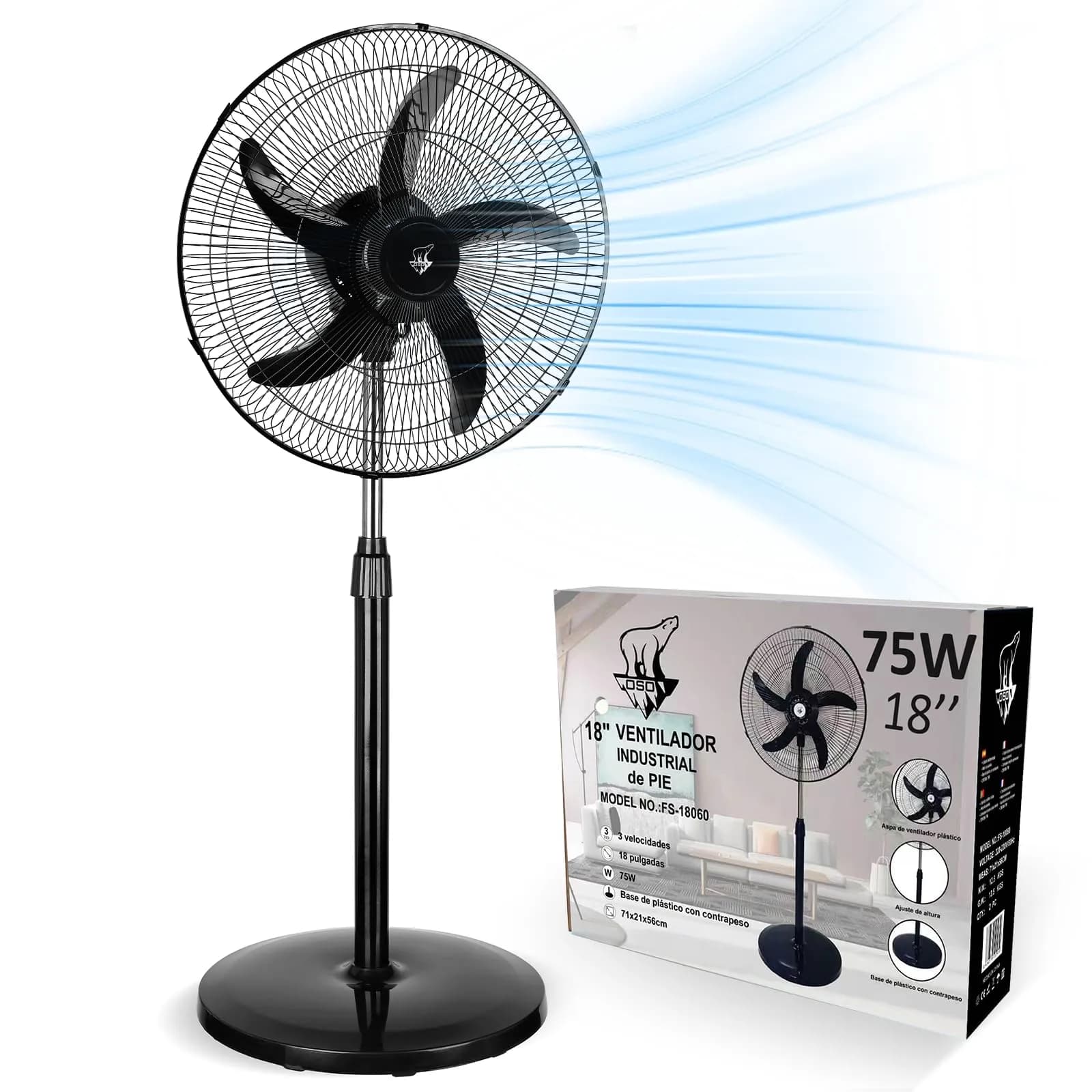 Ventilador de Pie 75W, Aspas 45cm