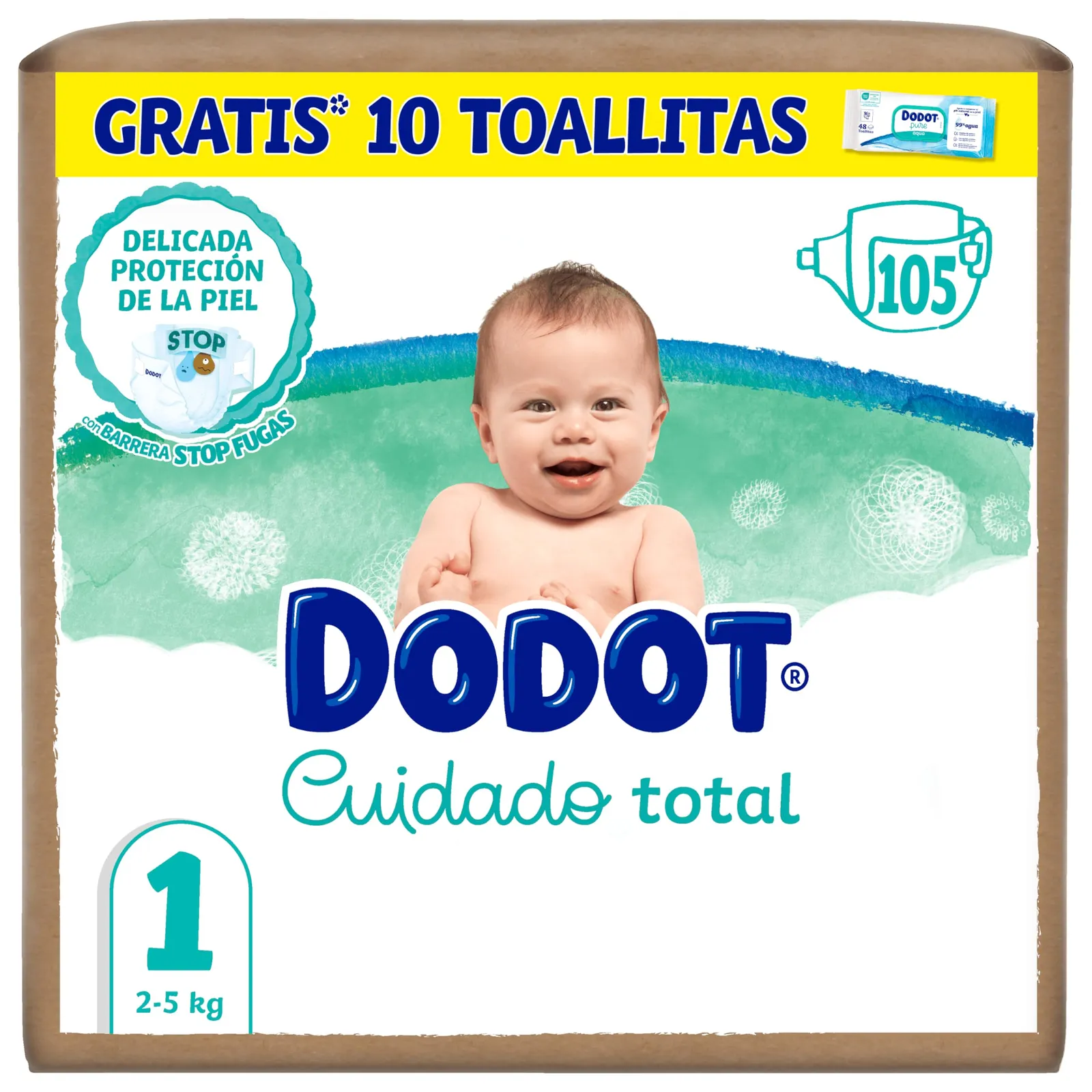 Dodot Pañales Bebé Cuidado Total Talla 1 (2-5 kg) 105 uds + 10 Toallitas Aqua Pure