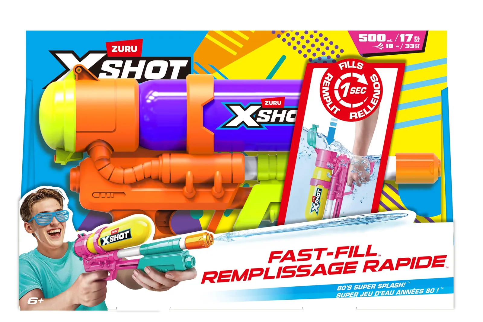 Pistola de Agua XSHOT Water Fast-Fill 80s Super Splash (Purple) ZURU - Llenado Rápido, Alcance 10m, Depósito 750ml