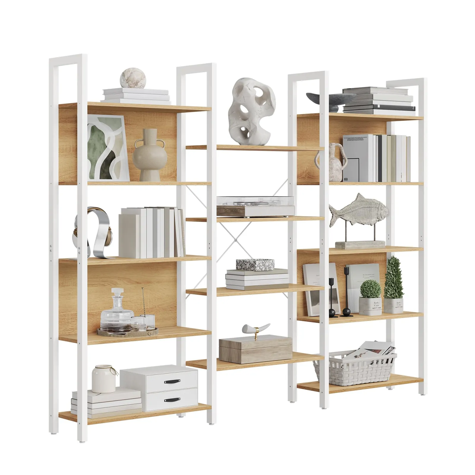 VASAGLE Librería Estantería 14 Estantes 24x158x166cm Roble Dorado Blanco Mate LLS107YA01