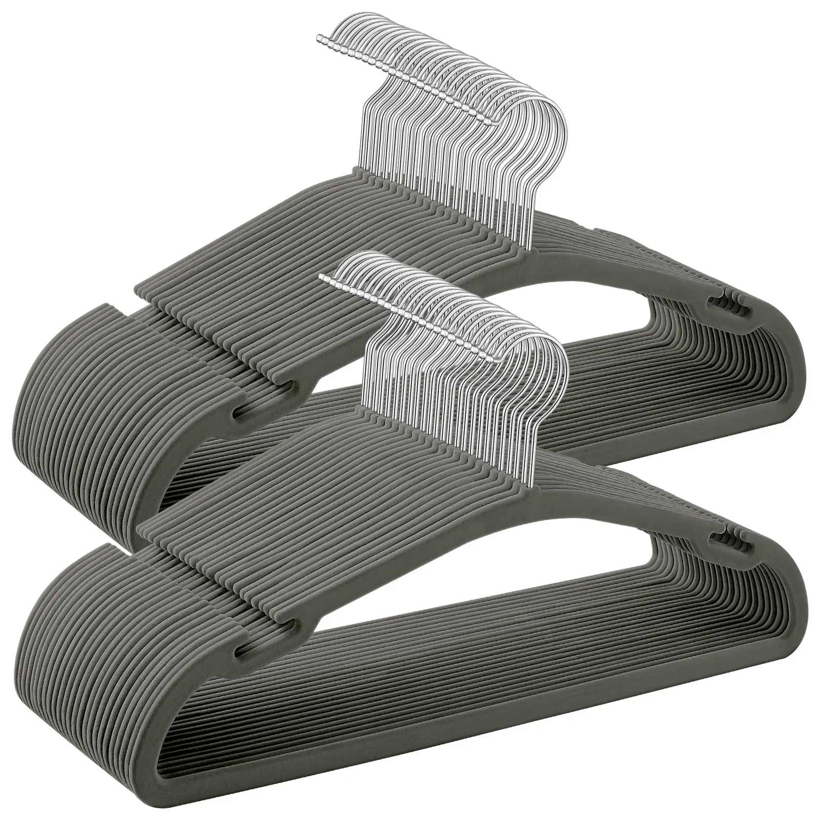 SONGMICS Perchas de Terciopelo Antideslizantes, Juego de 50, Gris, 43 x 21 cm, con Barra y Muescas, Gancho Giratorio 360°