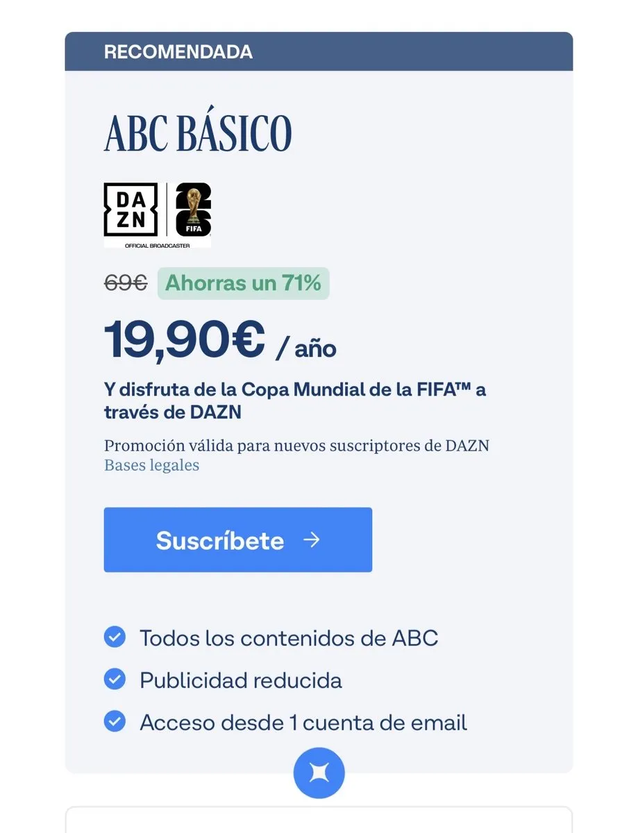 3 meses de DAZN Premium (Mundial incluido) con suscripción anual a ABC