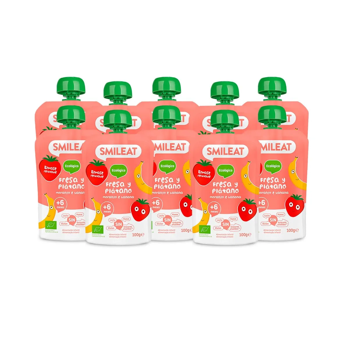 Pack 10x Smileat Pouch Frutas Ecológicas Fresa y Plátano