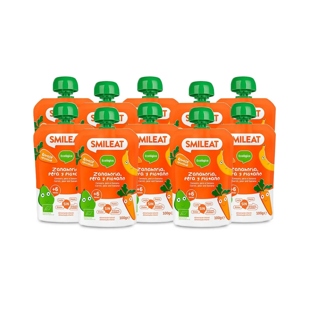 Pack 10 Pouch Frutas Ecológicas Smileat - Zanahoria, Pera y Plátano