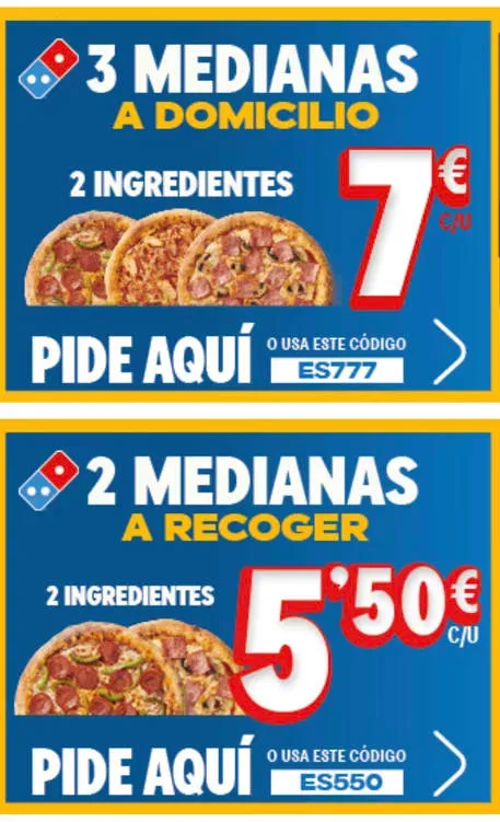 2 Pizzas Medianas para Recoger por 5,50€/ud | 3 Pizzas Medianas a Domicilio por 7€/ud