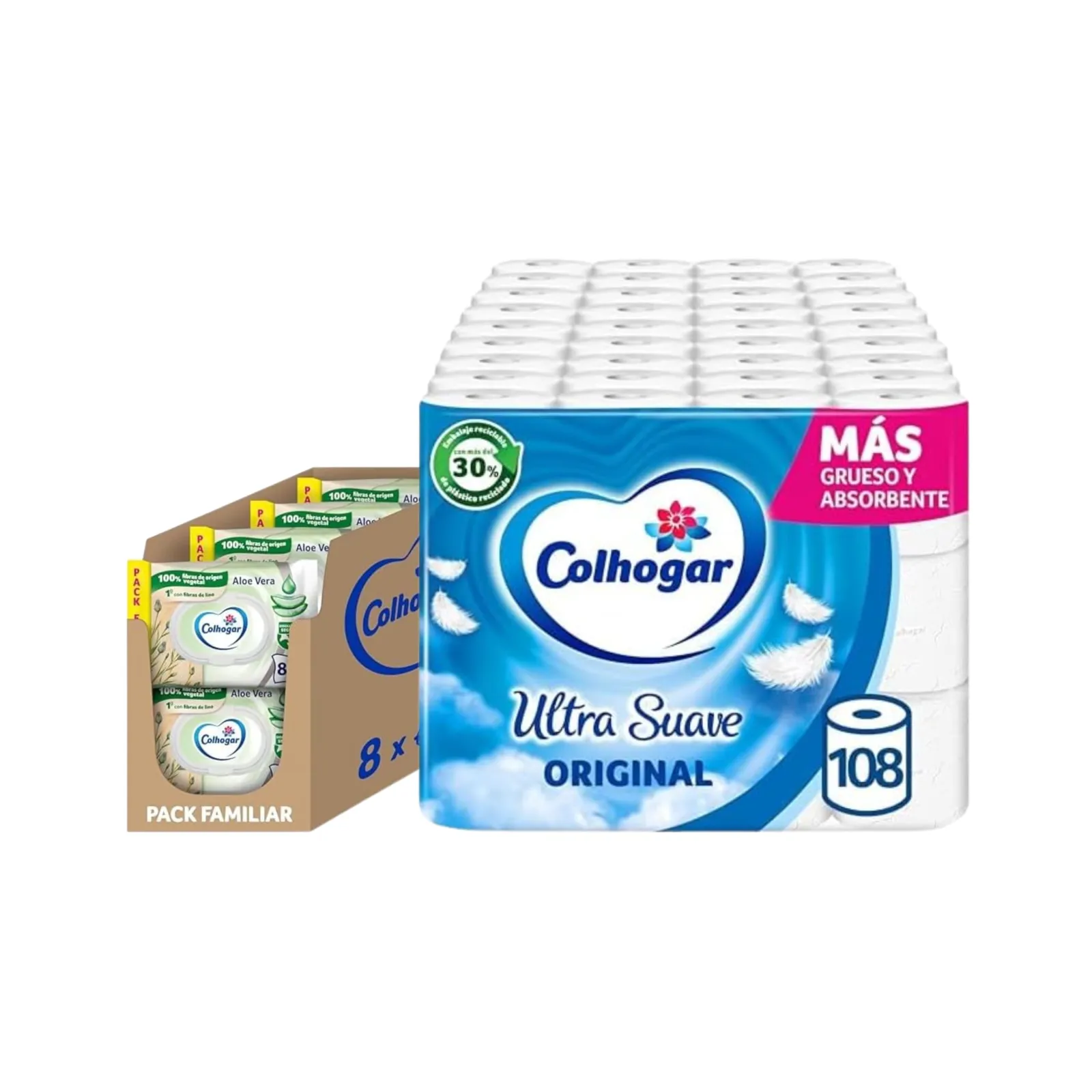 Colhogar Pack Ahorro: 108 Rollos Papel Higiénico Ultra Suave + 640 Toallitas Aloe