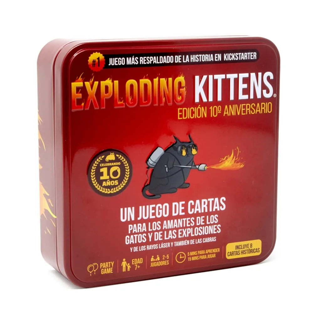 Exploding Kittens Edicion Caja Metalica 10 Aniversario, Juego de Cartas para 2-5 Jugadores