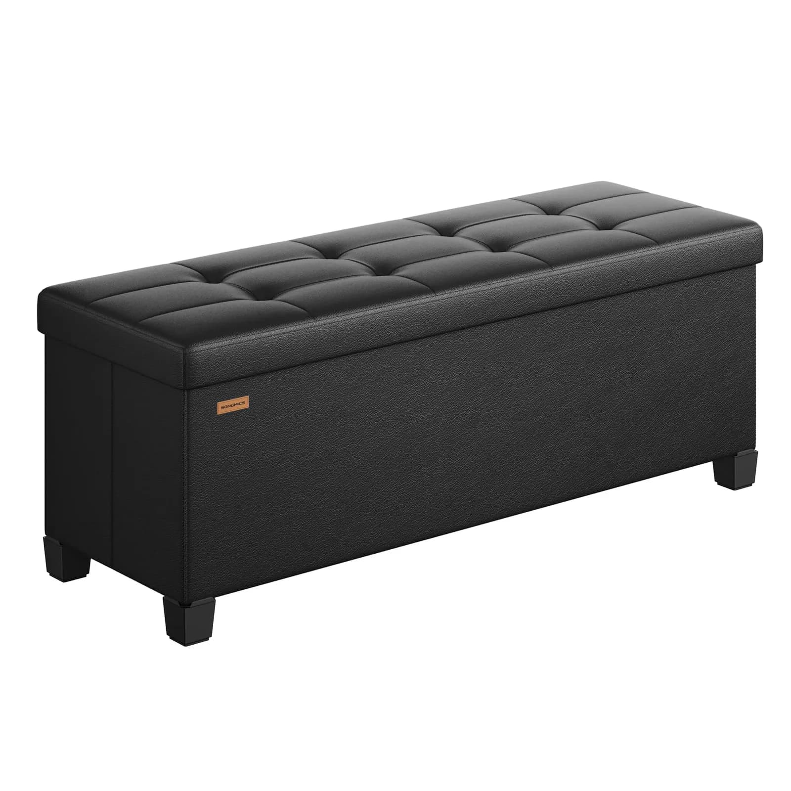 SONGMICS Puff Almacenaje Plegable con Patas, 38x110x40 cm, Reposapiés, 112 L, PVC, Negro Tinta