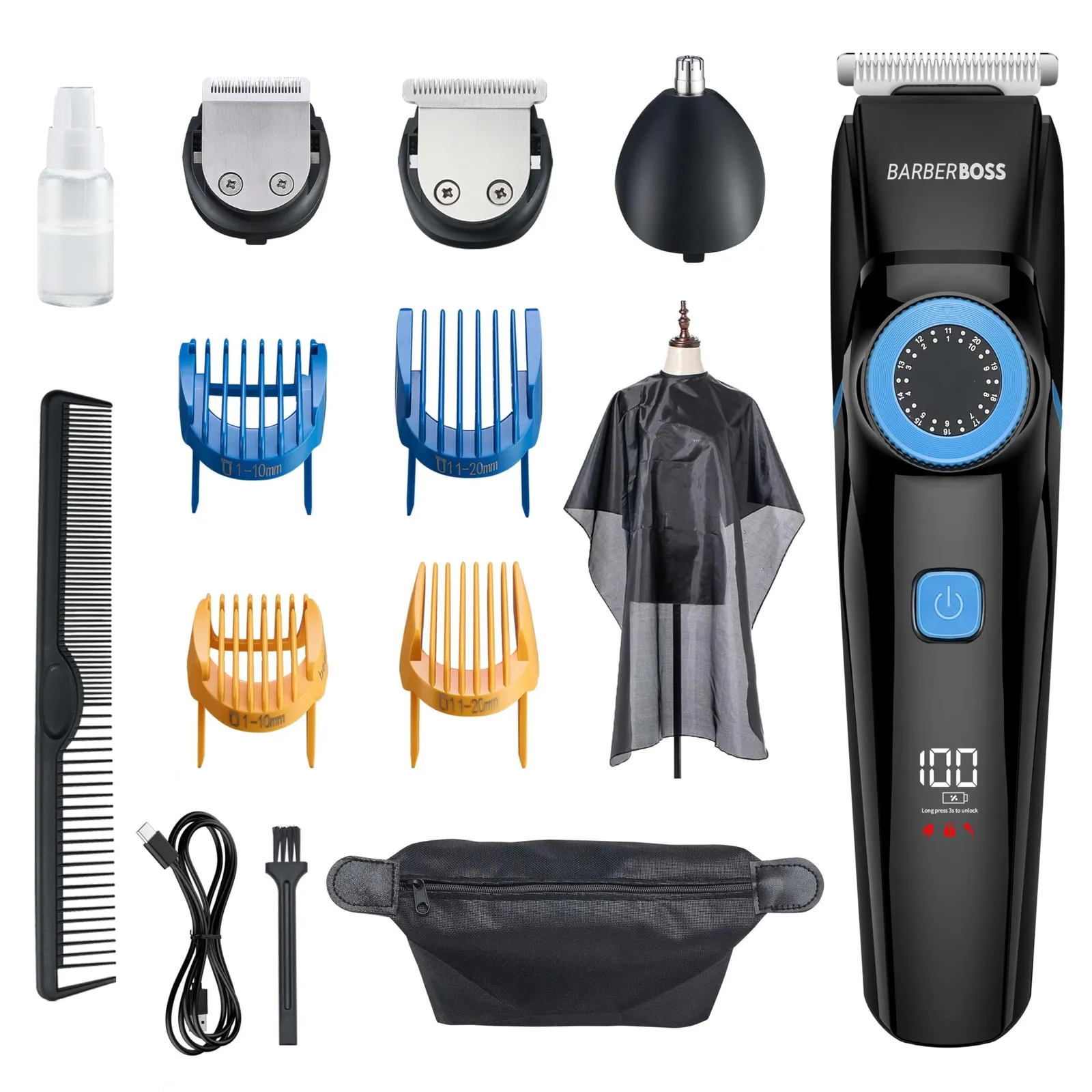 Kit Aseo Barberboss 3 en 1: Cortapelos, Recortadora Barba y Nariz