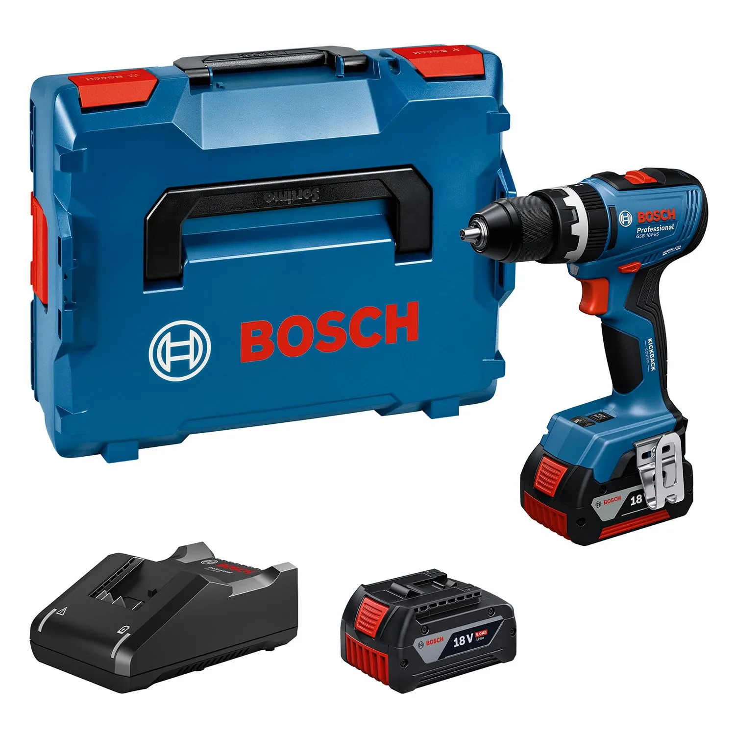 Atornillador Bosch Professional 18V GSB 18V-65 Brushless con 2 baterías 5.0Ah y cargador