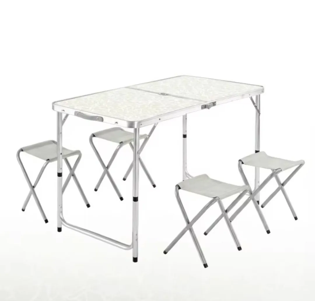 Mesa de Camping Plegable con 4 Taburetes Integrados y Altura Regulable