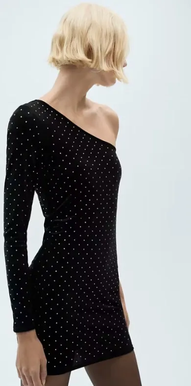Vestido asimétrico de terciopelo con strass