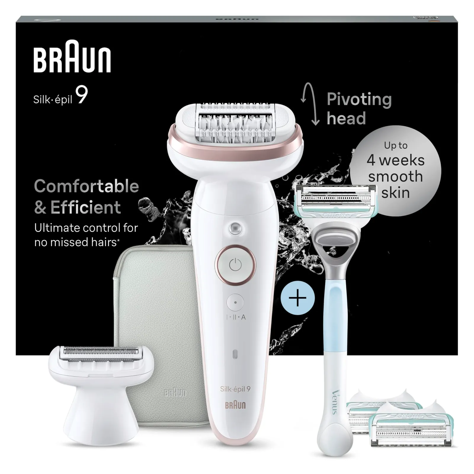 Braun Silk·épil 9 Depiladora Eléctrica Mujer + Maquinilla Venus Zona Íntima, Recortador, Funda, Seco/Mojado, 9-130 Blanco/Flamenco