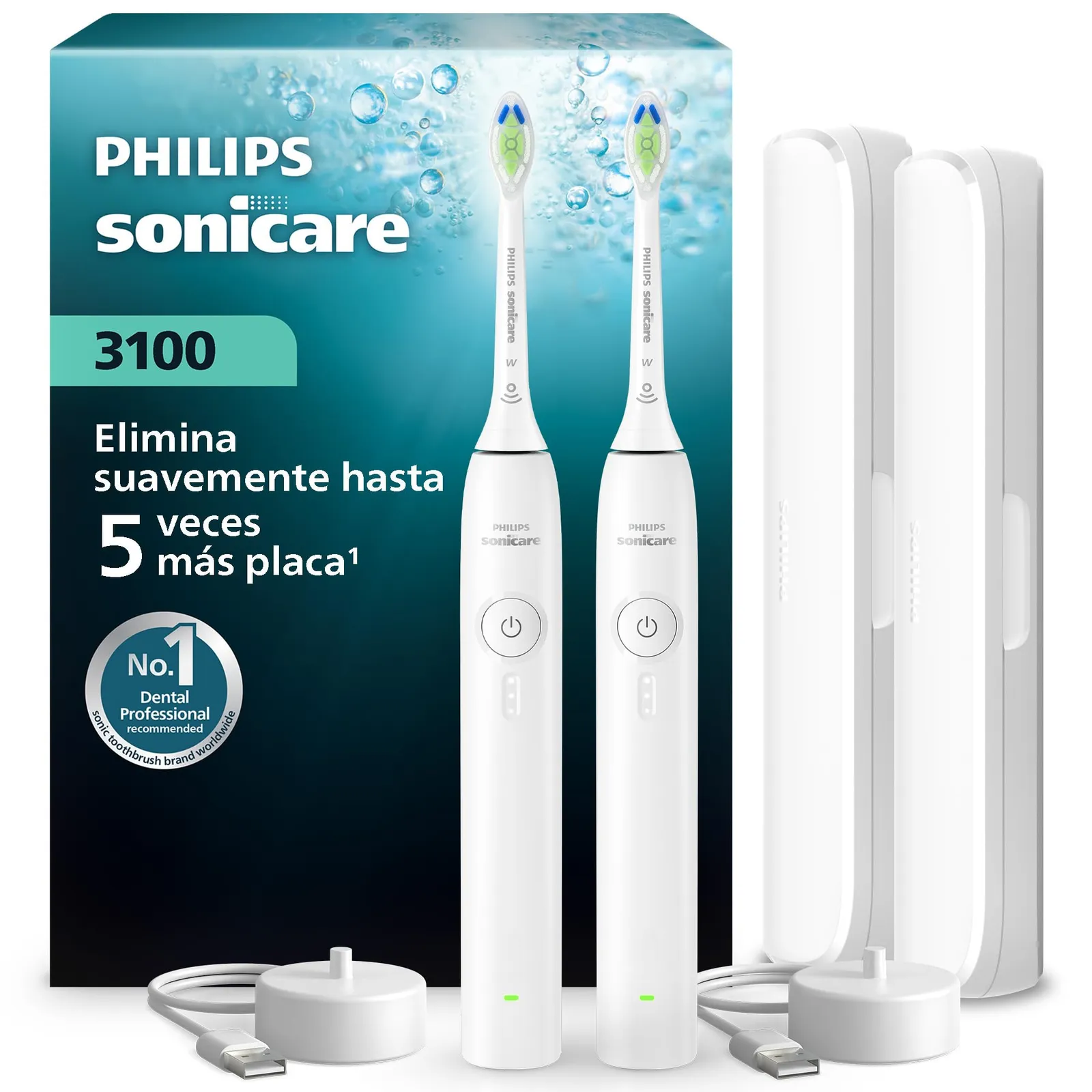 Pack Doble Cepillo Dental Sónico Philips Sonicare Serie 3100 HX4072/41 Blanco