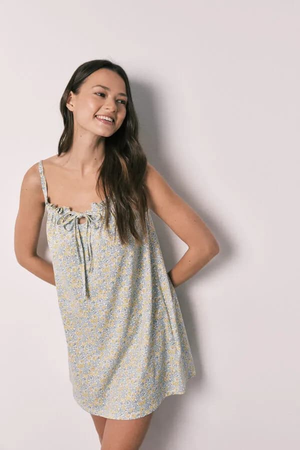 Camisón Corto de Algodón con Estampado Floral Amarillo