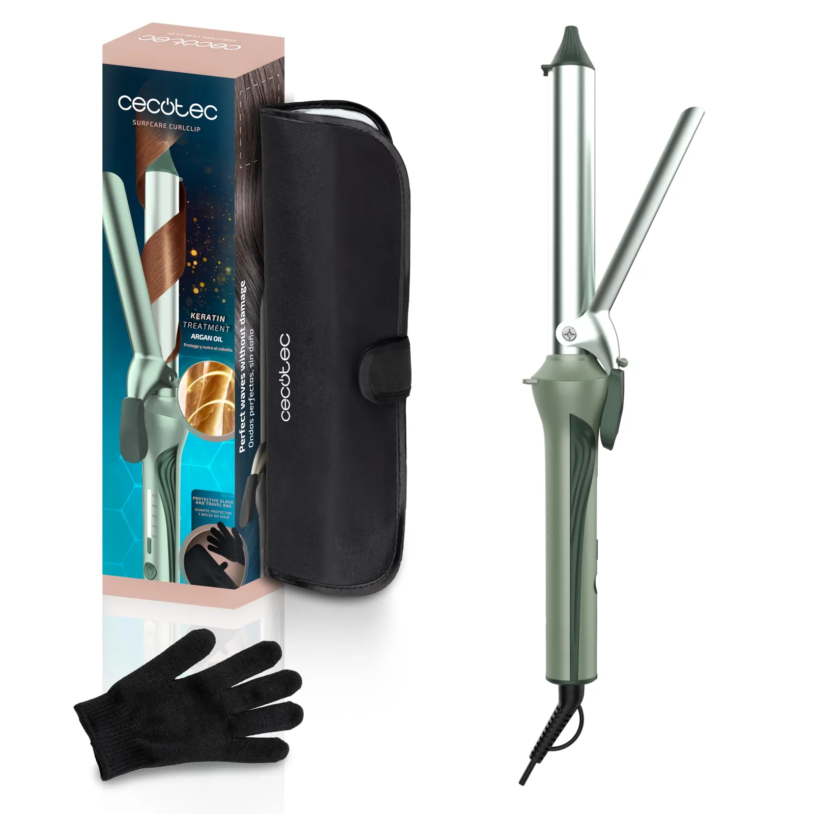 Cecotec Rizador de Pelo SurfCare CurlClip Olive 25mm: Cerámica, Queratina, Argán, 5 Temperaturas