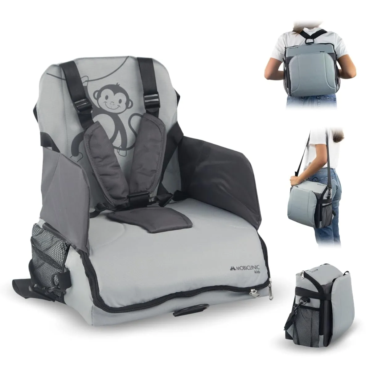 Mobiclinic Trona Portátil Bebé Monkey: Viaje, 6-36 Meses, Hasta 15kg, Plegable, Gris