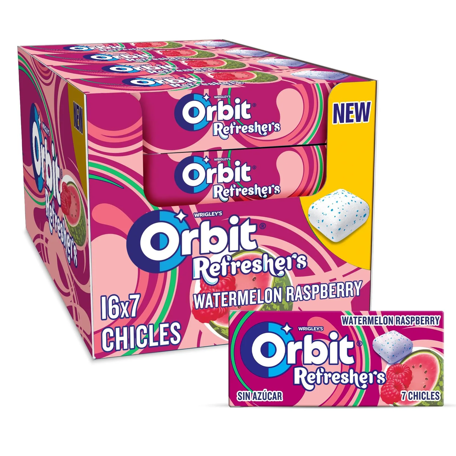 16 paquetes de 7 uds. Chicles Orbit Refreshers sin azúcar sandía y frambuesa