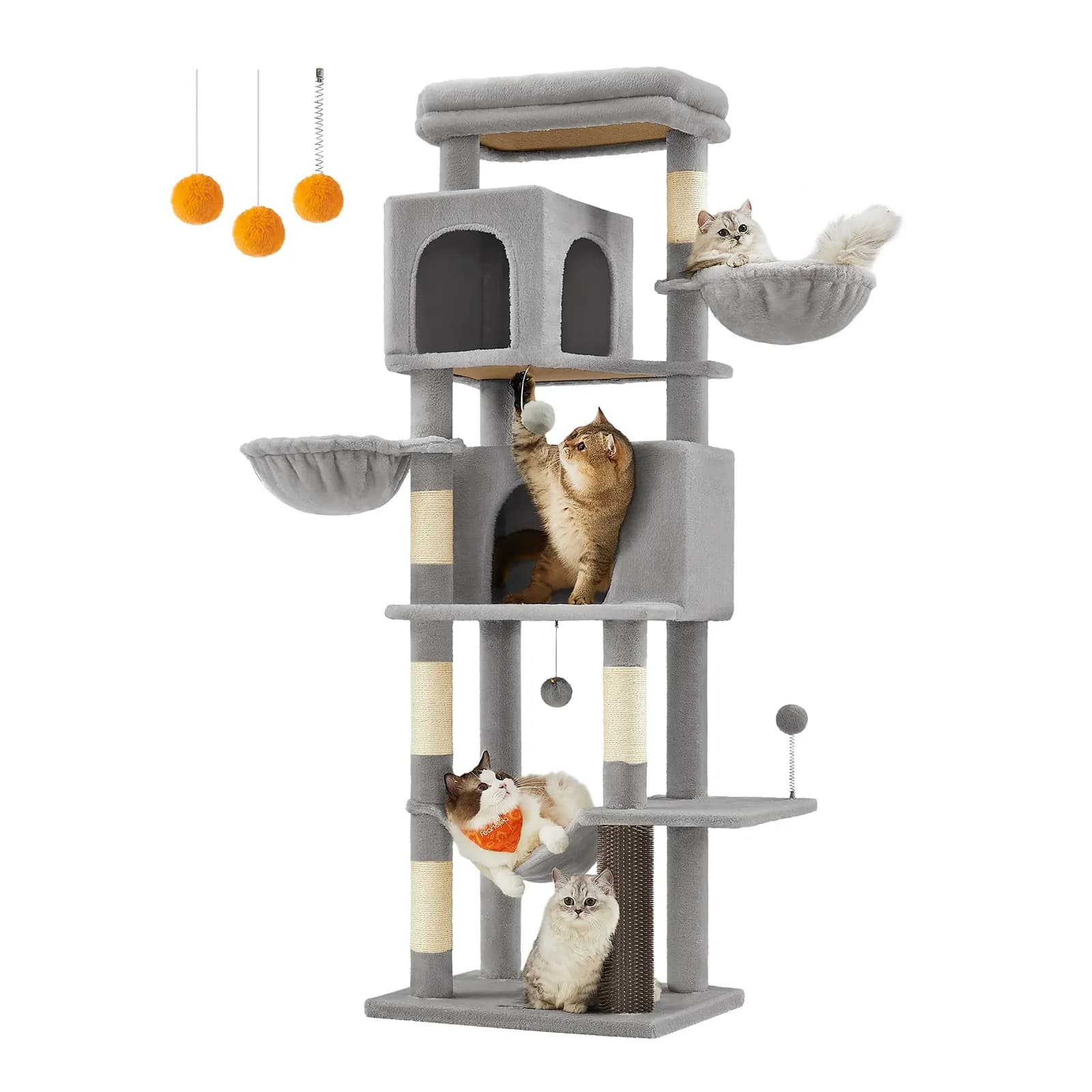 Árbol rascador Feandrea 175 cm, multinivel con accesorios, gris paloma