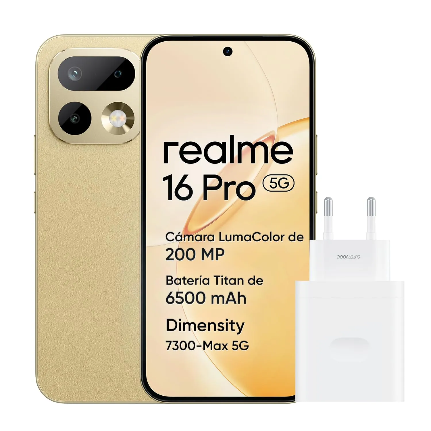 Smartphone realme 16 Pro 5G: 8GB+256GB, Pantalla AMOLED 144Hz 6.78", Cámara 200MP, Batería 6500mAh, IP69K, Oro