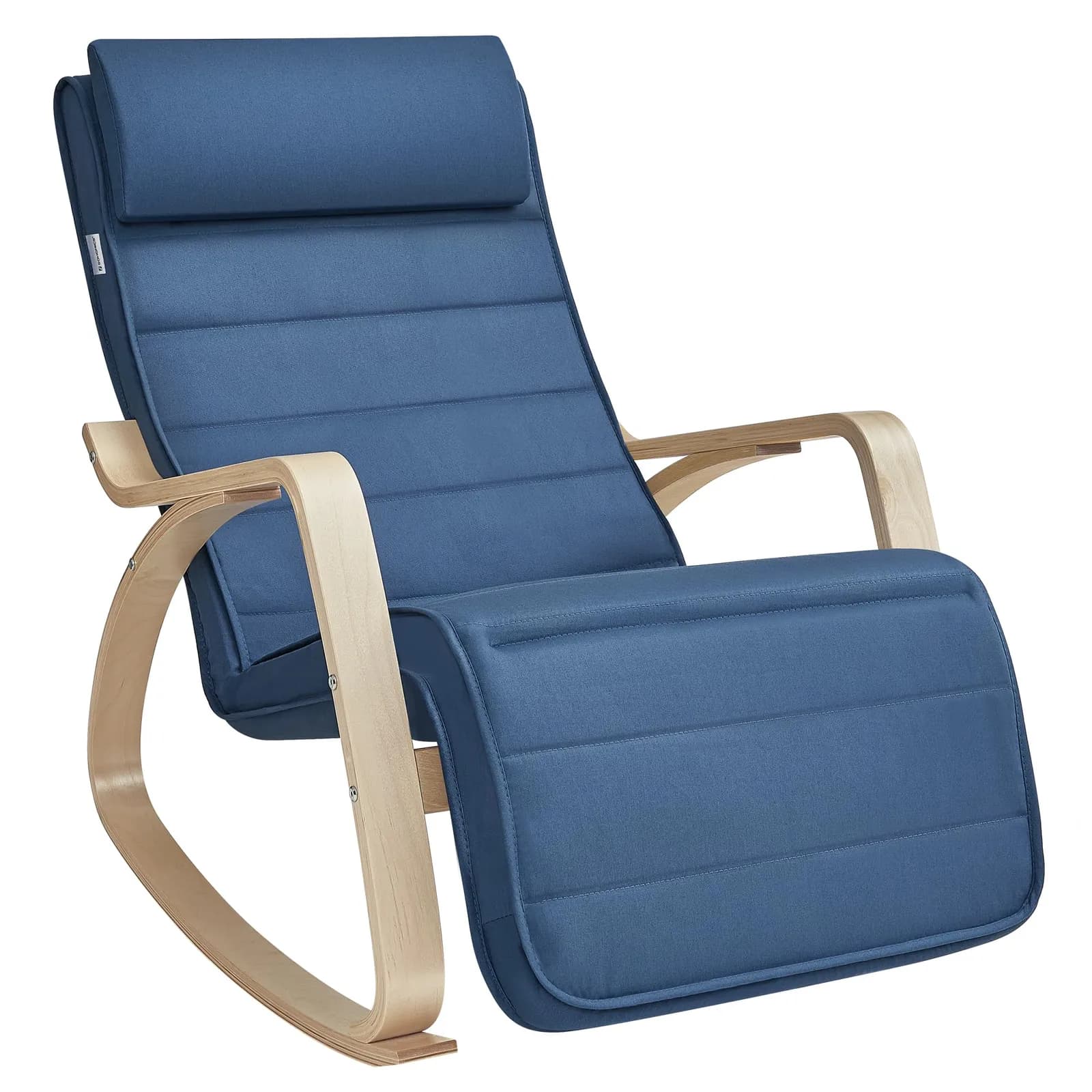 Silla Mecedora SONGMICS con Reposapiés Ajustable y Apoyabrazos de Madera, Carga 150 kg, Azul Medianoche/Natural