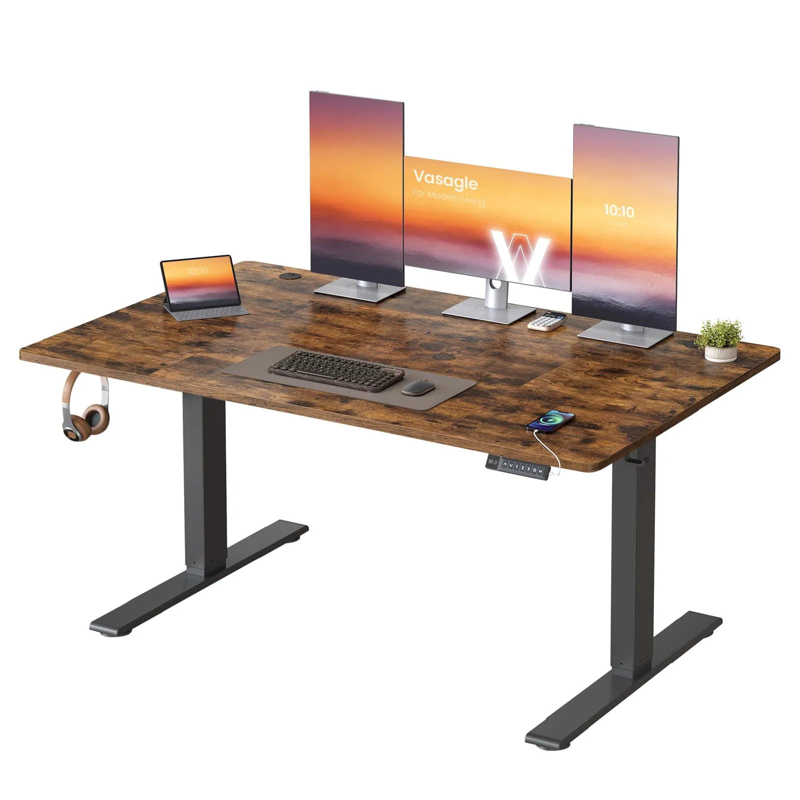 Escritorio Ajustable VASAGLE LSD144KD02: 140x80 cm, USB-C, Estante Regleta, Memoria