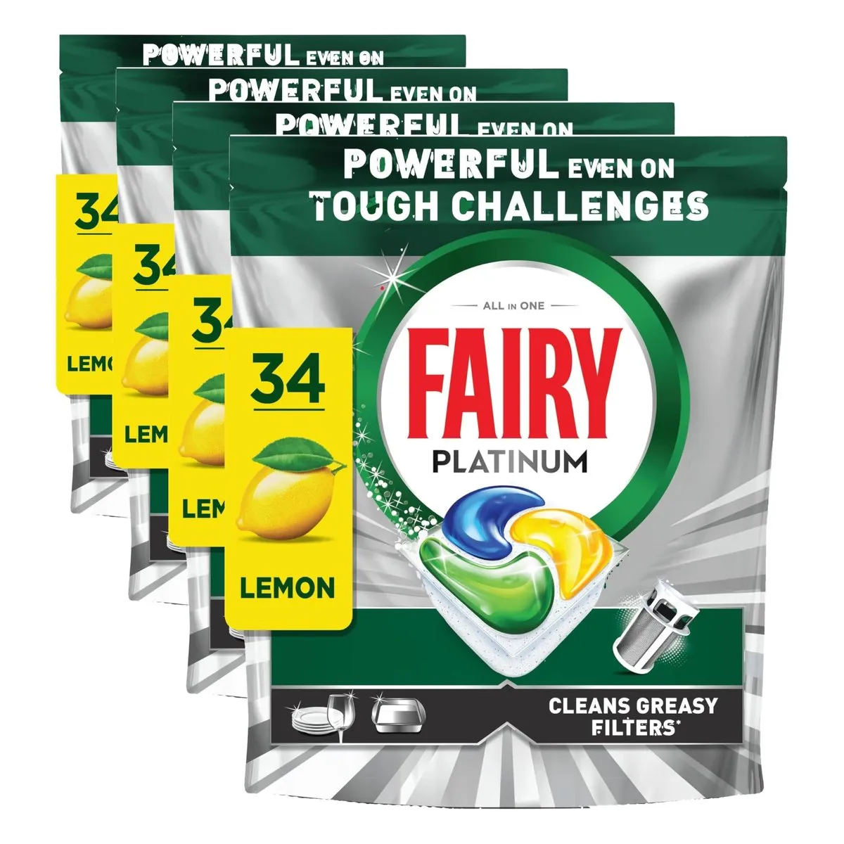 Fairy Platinum Cápsulas Lavavajillas Limón - Pack 4 x 34 Cápsulas (136 Unidades)