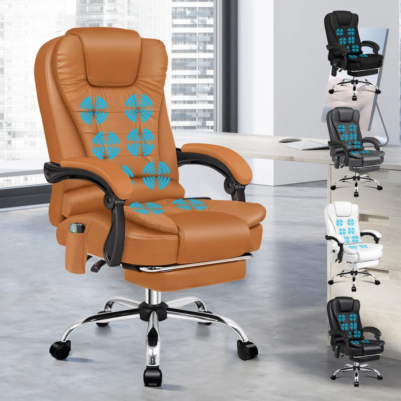 Silla de Oficina Ejecutiva ALFORDSON con Masaje, Reposapiés y Calor - Cuero PU Marrón