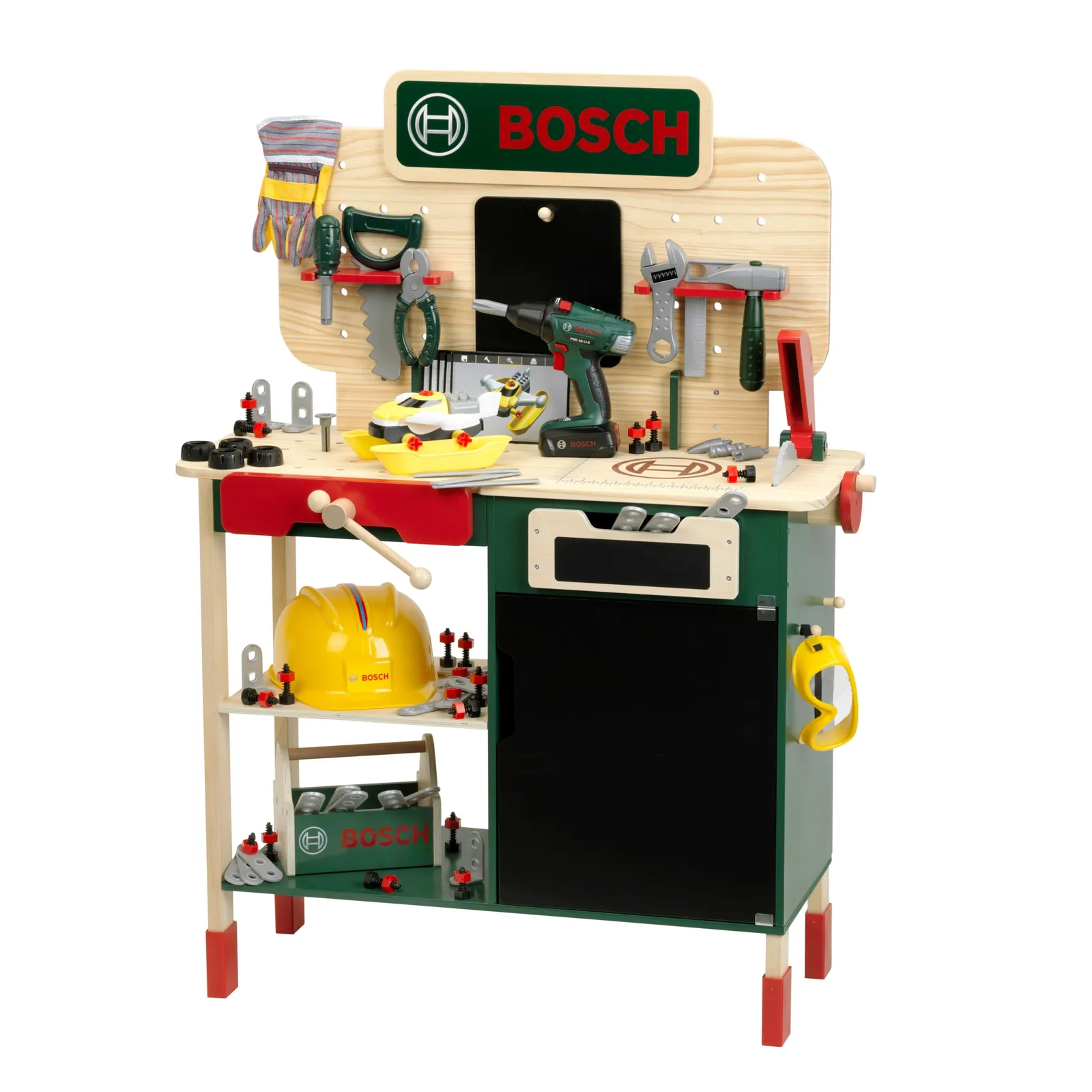 Banco de Trabajo Infantil Bosch Theo Klein 8734 - Madera, Altura Regulable, Taladro Eléctrico con Luz y Sonido