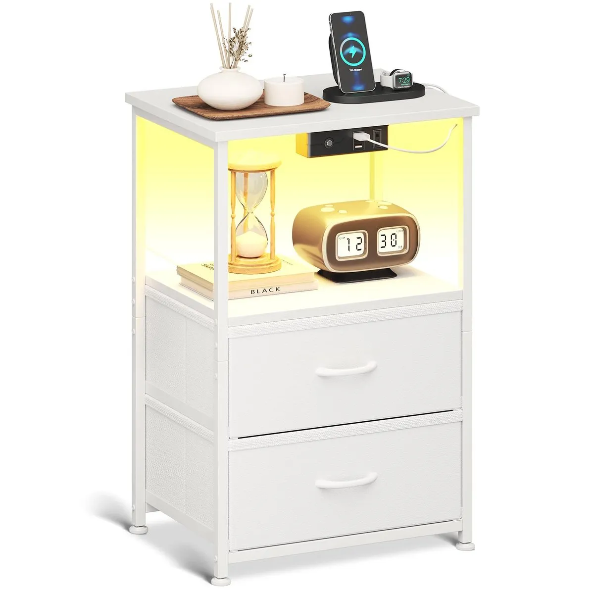 Mesita de Noche Negra con Enchufe, USB y Luces LED (40x30x60 cm)