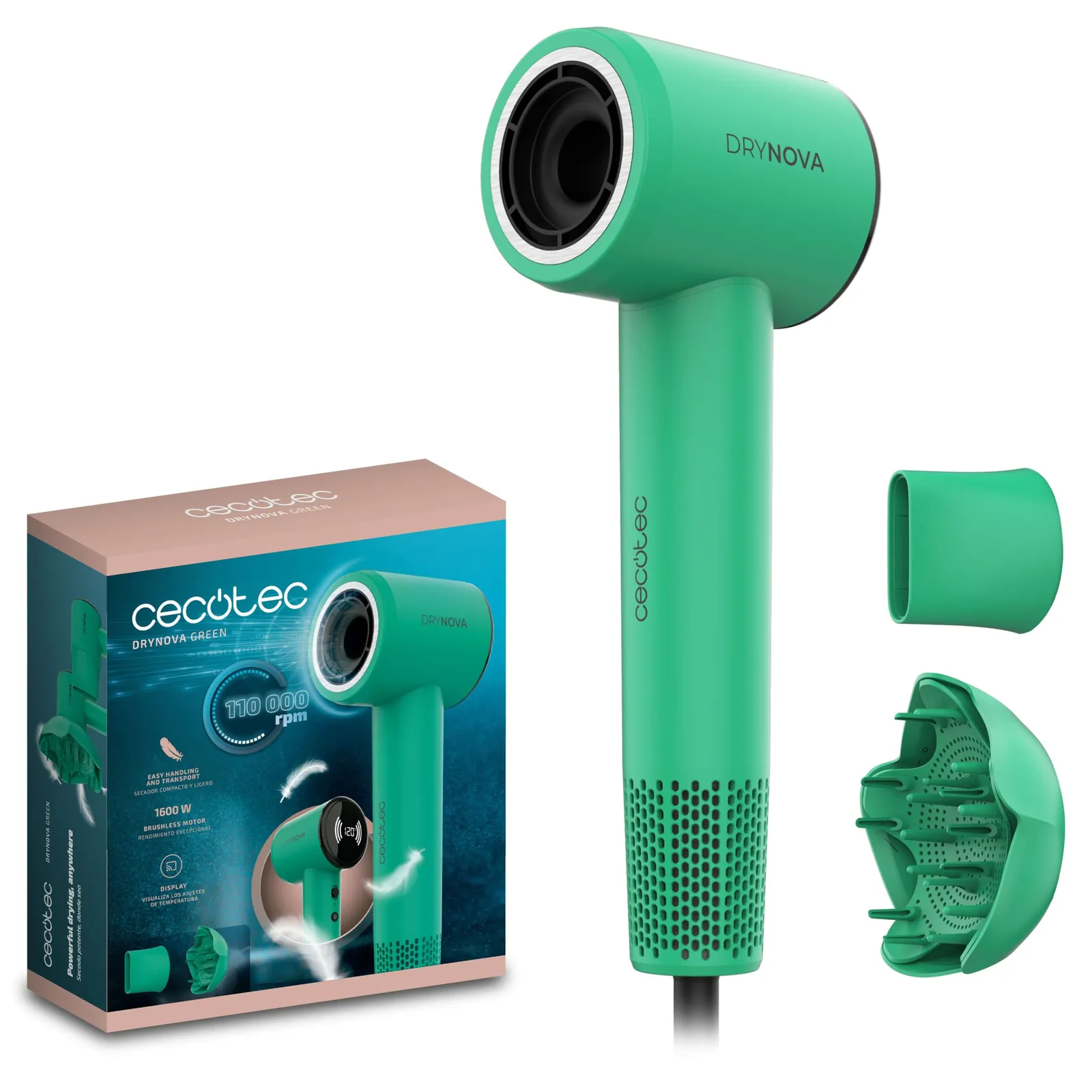 Cecotec DryNova Green Leaf: Secador 1600W, Motor Brushless 110000RPM, Iones