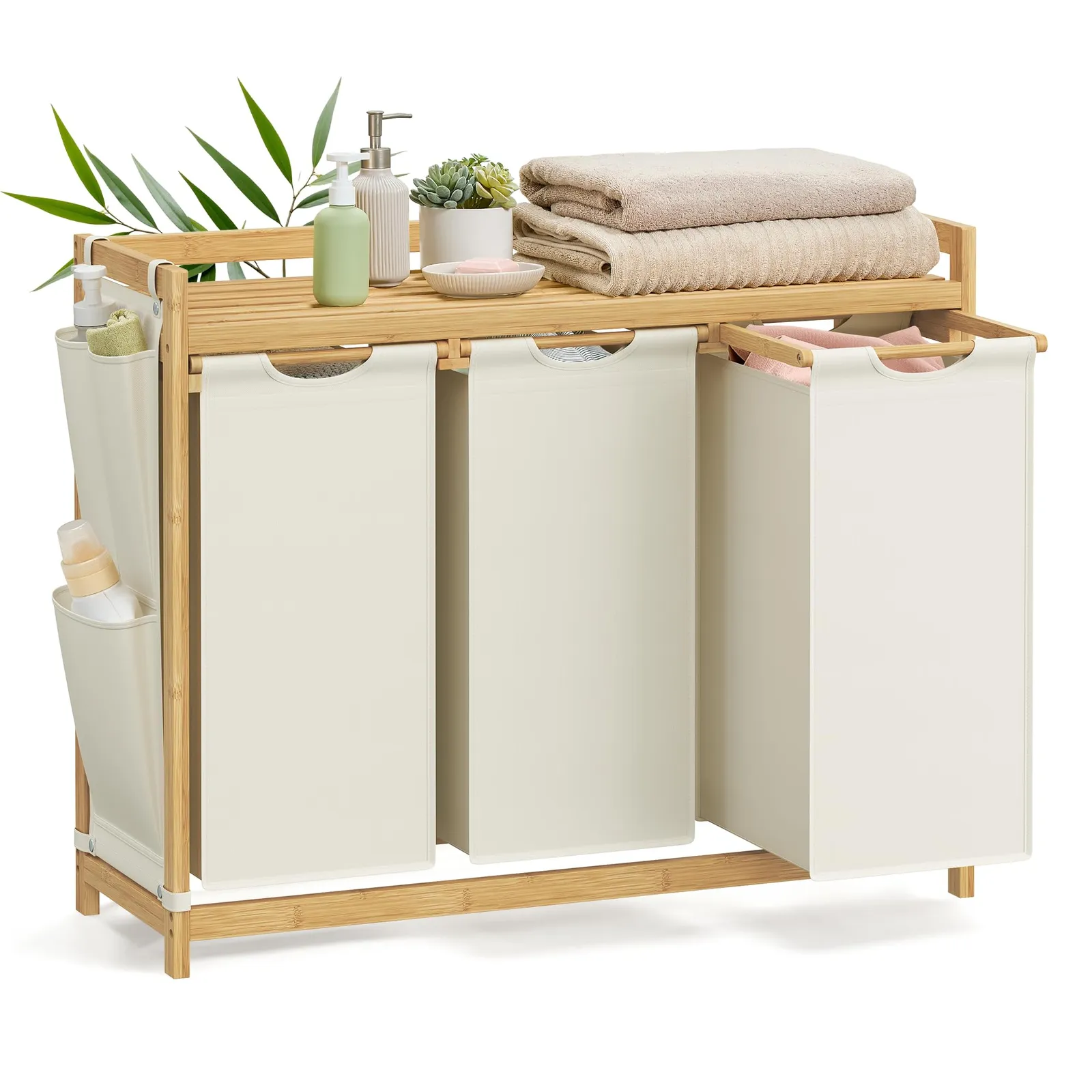 Cesto Ropa Sucia Bambú SONGMICS 3 Compartimentos 150L Estante Extraíble Blanco Crema