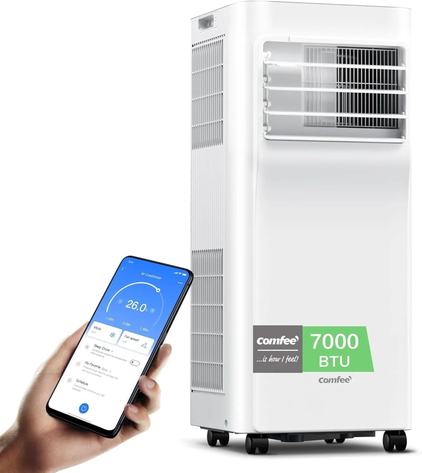 COMFEE Pingüino A/A Portátil 3 en 1: 7000 BTU, App, Mando, Deshumidificador, Bajo Consumo, Follow Me, Kit Ventana