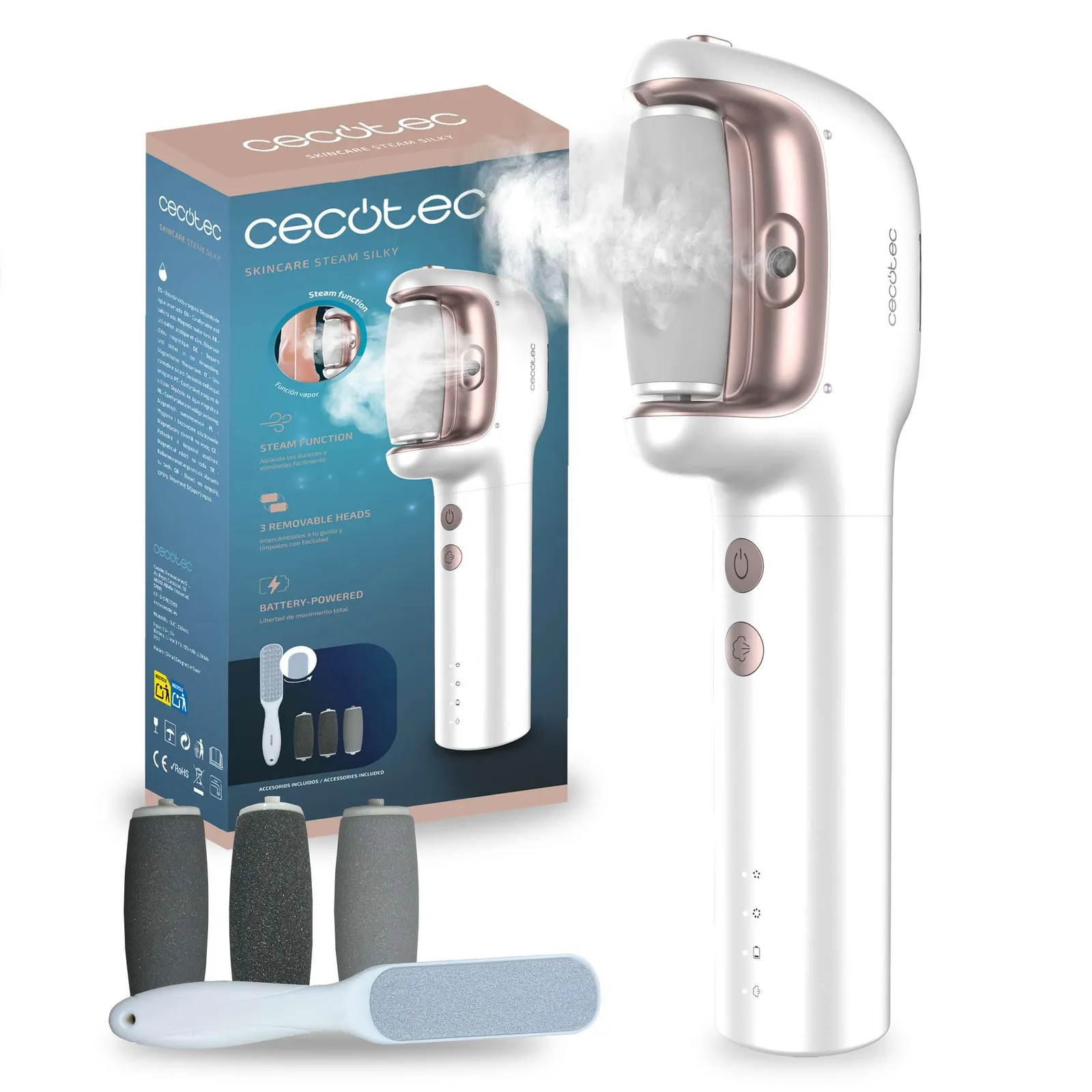 Cecotec Lima Eléctrica Pies SkinCare Steam Silky: Vapor, Recargable, IPX7