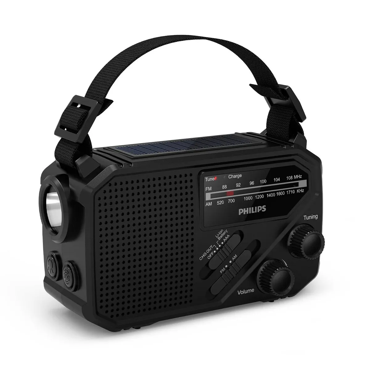 Radio Philips Portátil FM/AM con Batería Recargable, Manivela y Panel Solar