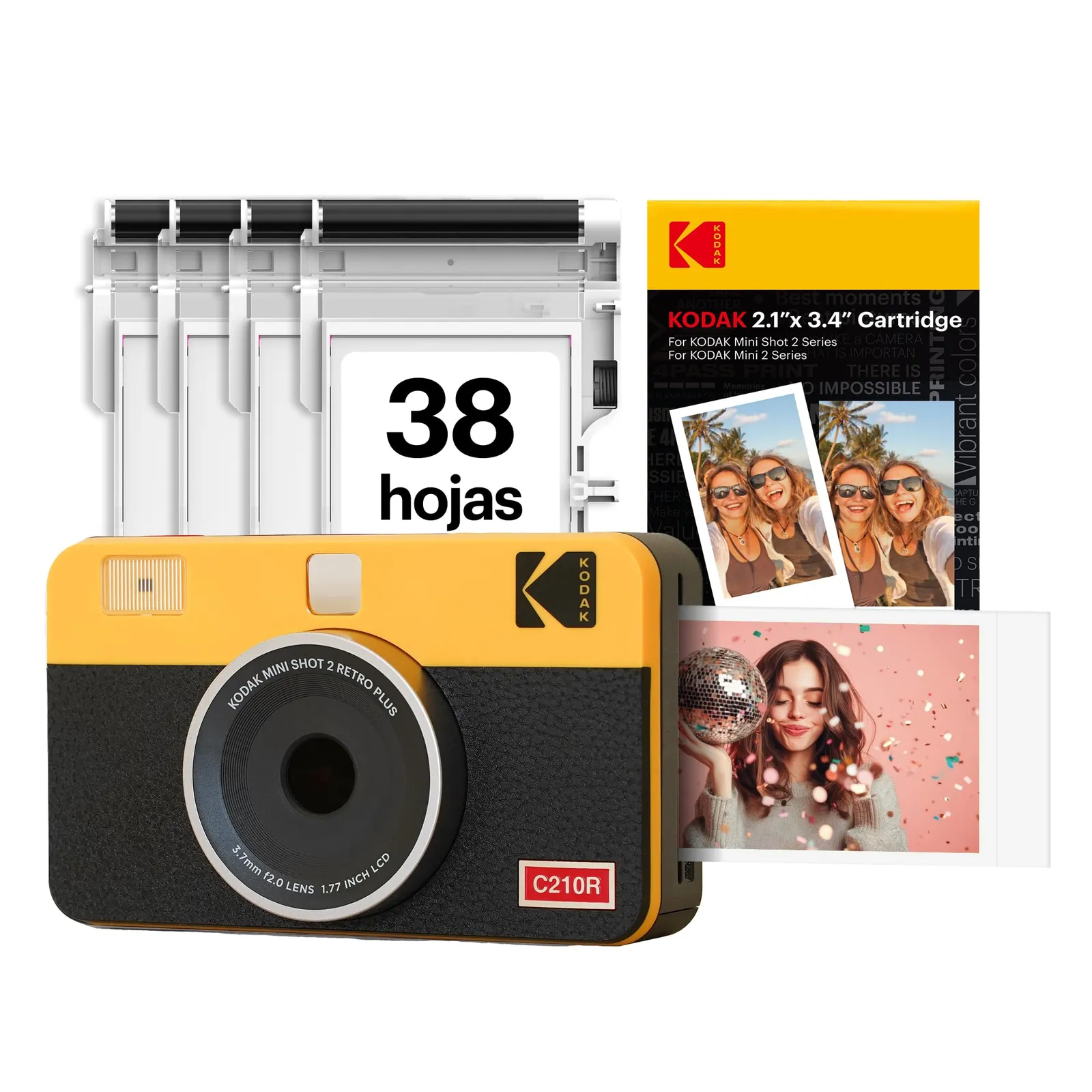 Cámara Instantánea KODAK Mini Shot 2 Retro 4PASS + Impresora, Amarillo, Incluye 38 Hojas