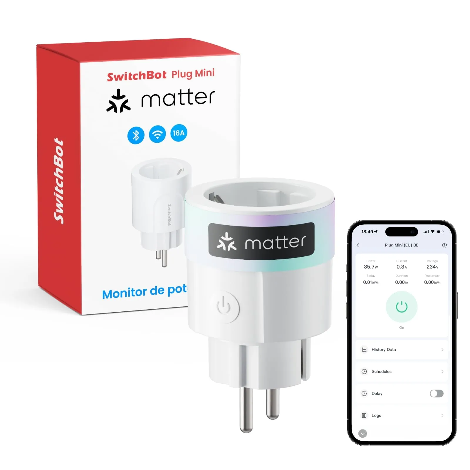 SwitchBot Matter Plug Mini 16A con Monitor de Energía y Control Remoto Wi-Fi/Bluetooth
