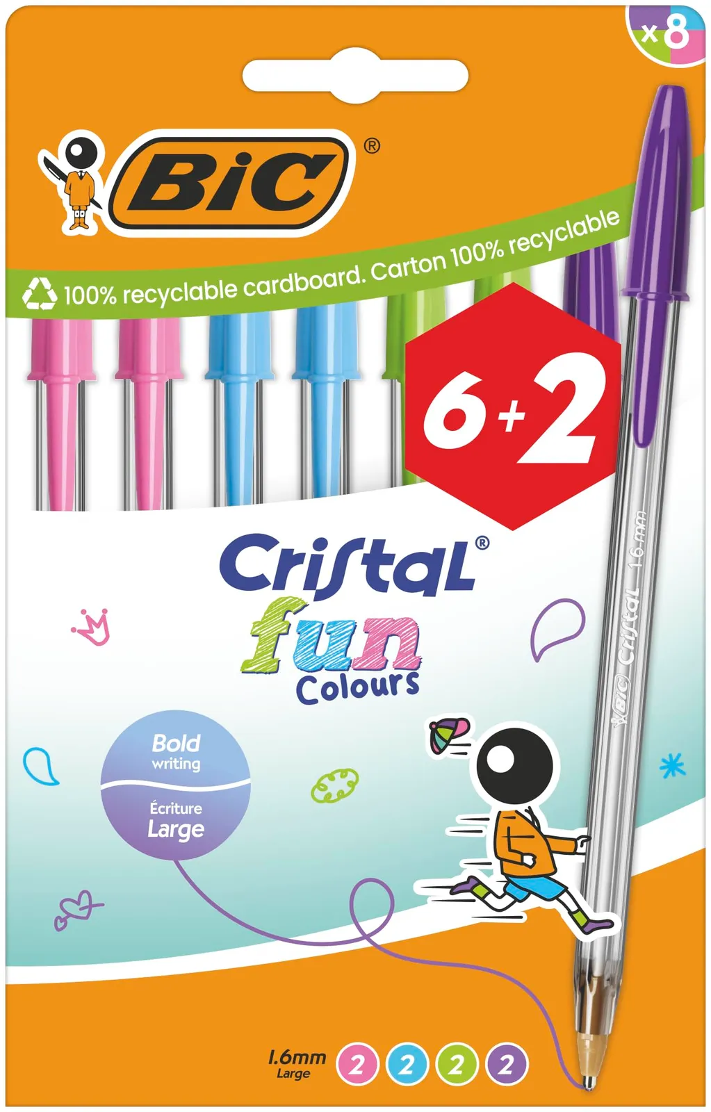Pack 8 Bolígrafos BIC Cristal Fun Punta Ancha 1,6mm Colores Surtidos