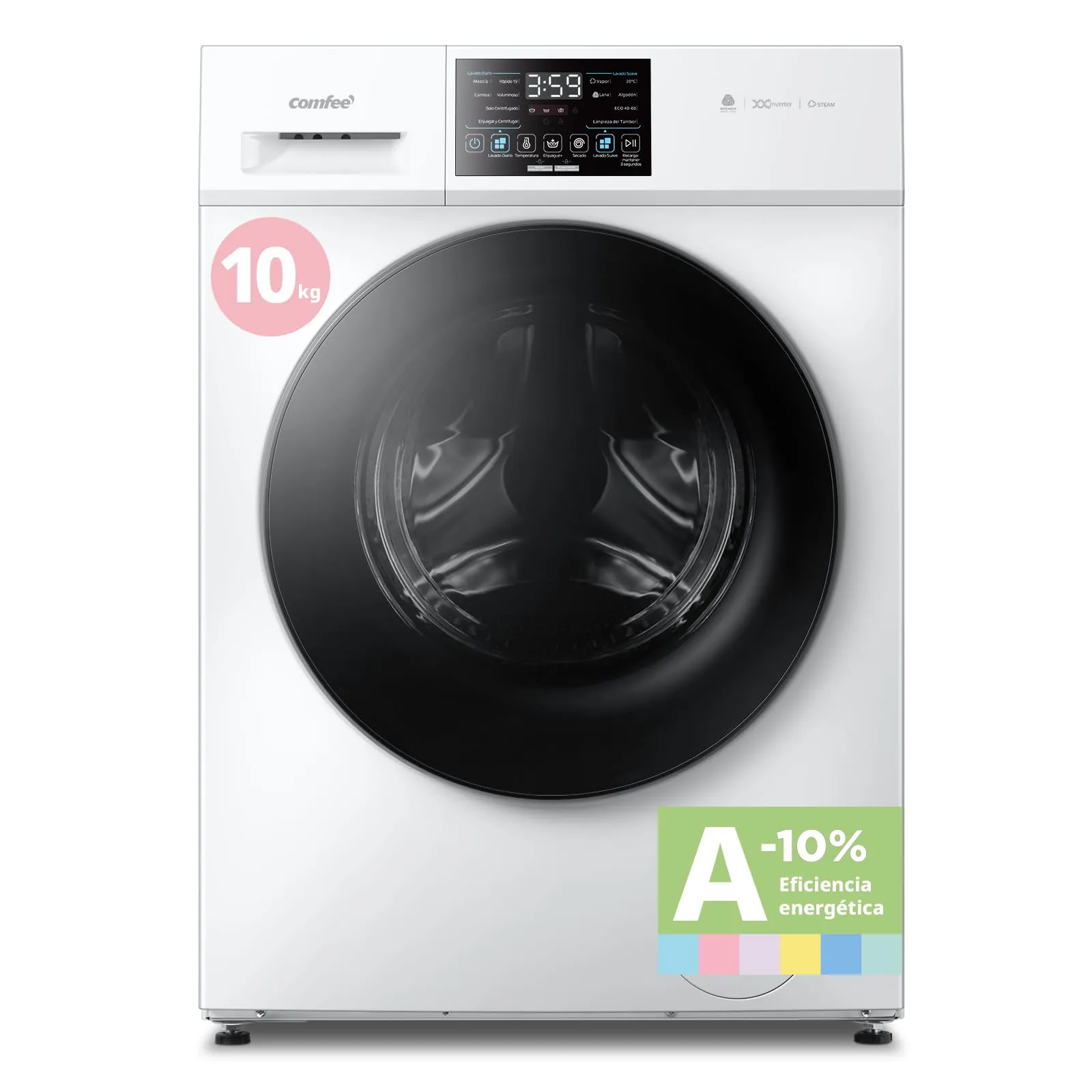 Lavadora COMFEE' CFP03EW100W-HL, 10 kg, Clase A -10%, Vapor, Motor BLDC, Blanco