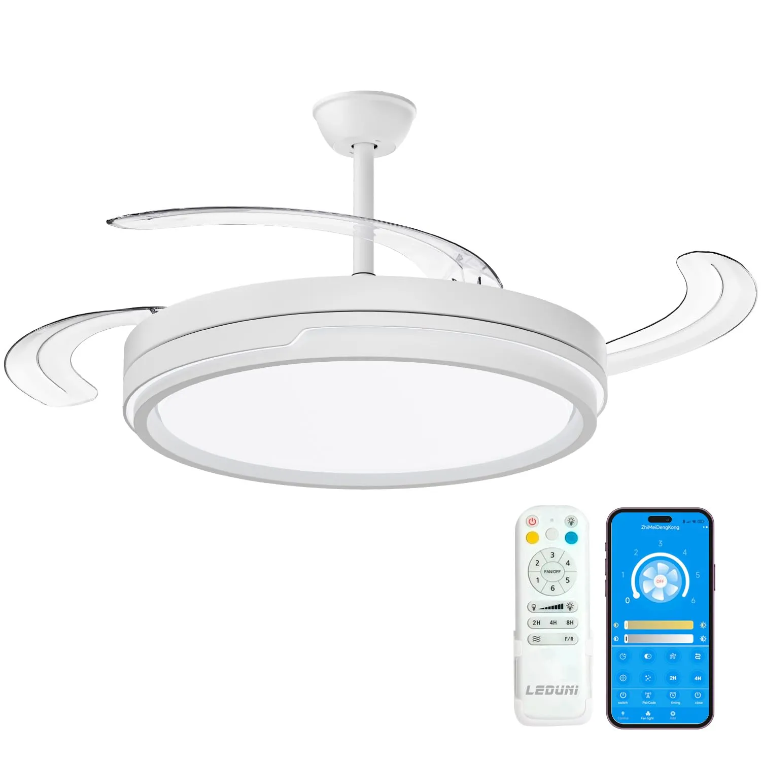 Ventilador de techo con luz LED 66W+30W, motor DC, silencioso, control remoto y app