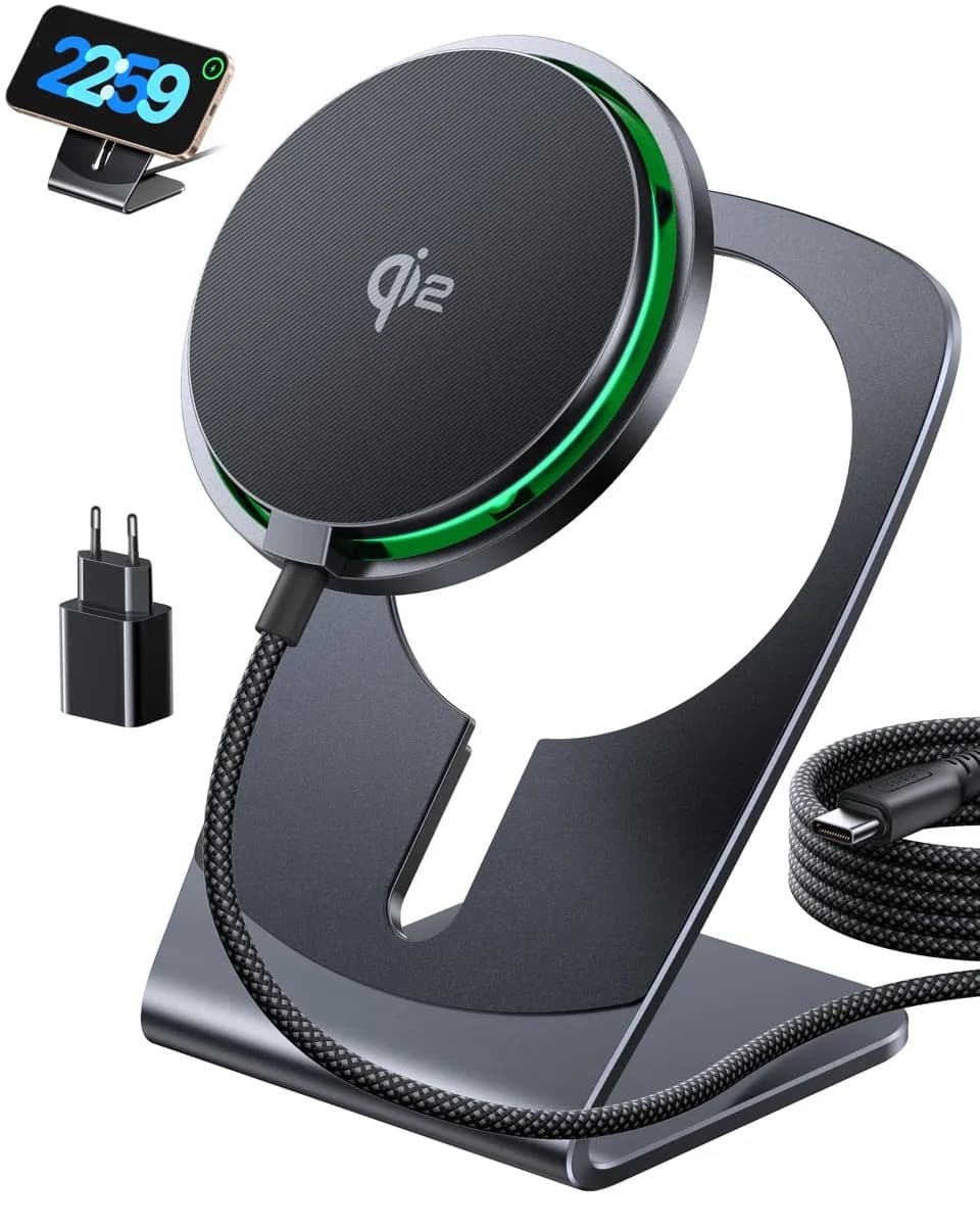 INIU Cargador Inalámbrico Magnético 15W Qi2 para iPhone con Soporte y Adaptador USB-C 20W