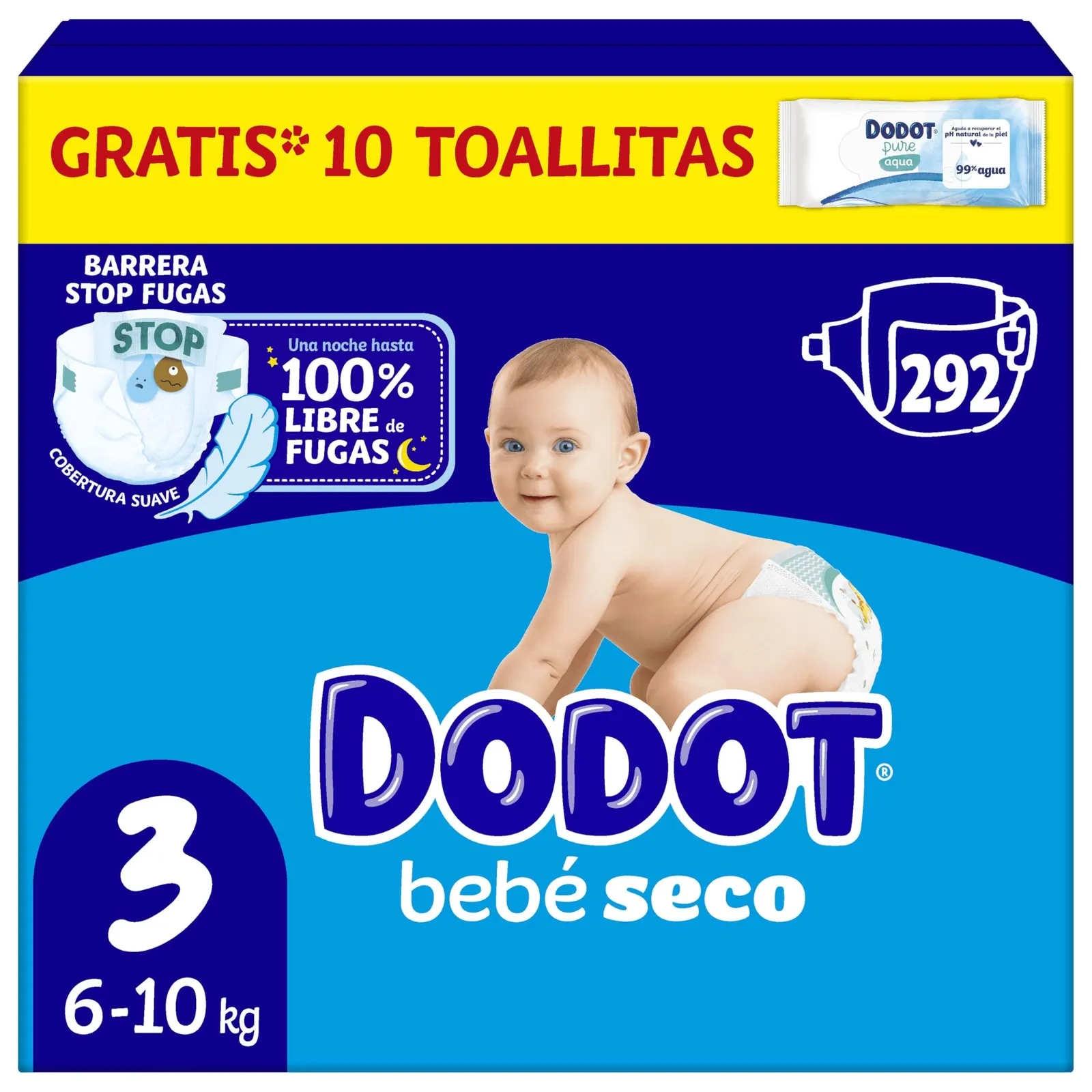 Dodot Pañales Bebé-Seco Talla 3 (6-10 kg) 292 uds + 10 Toallitas Aqua Pure