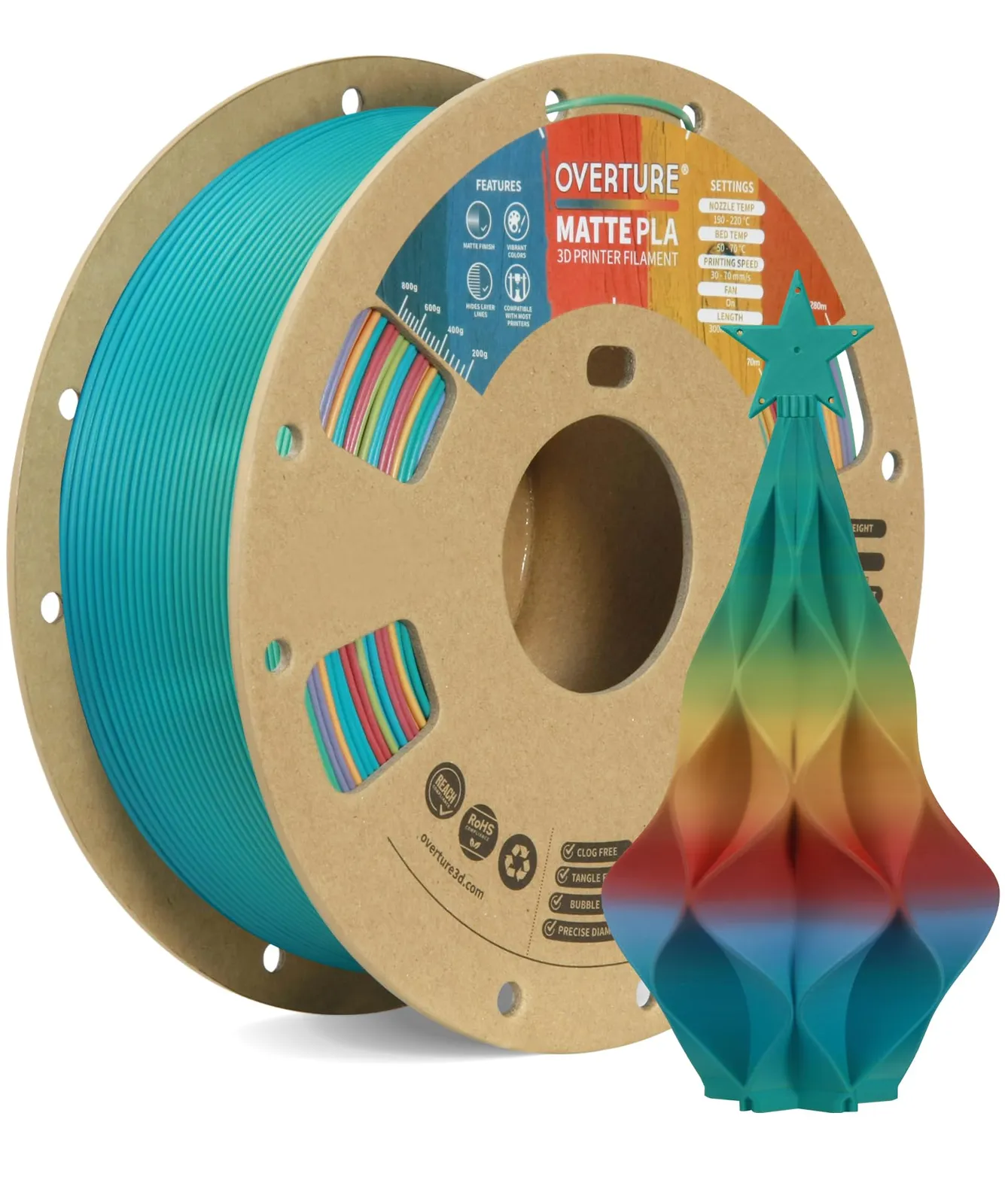 Filamento Overture Mate PLA 1.75mm, 1kg, Caramelo Arcoíris