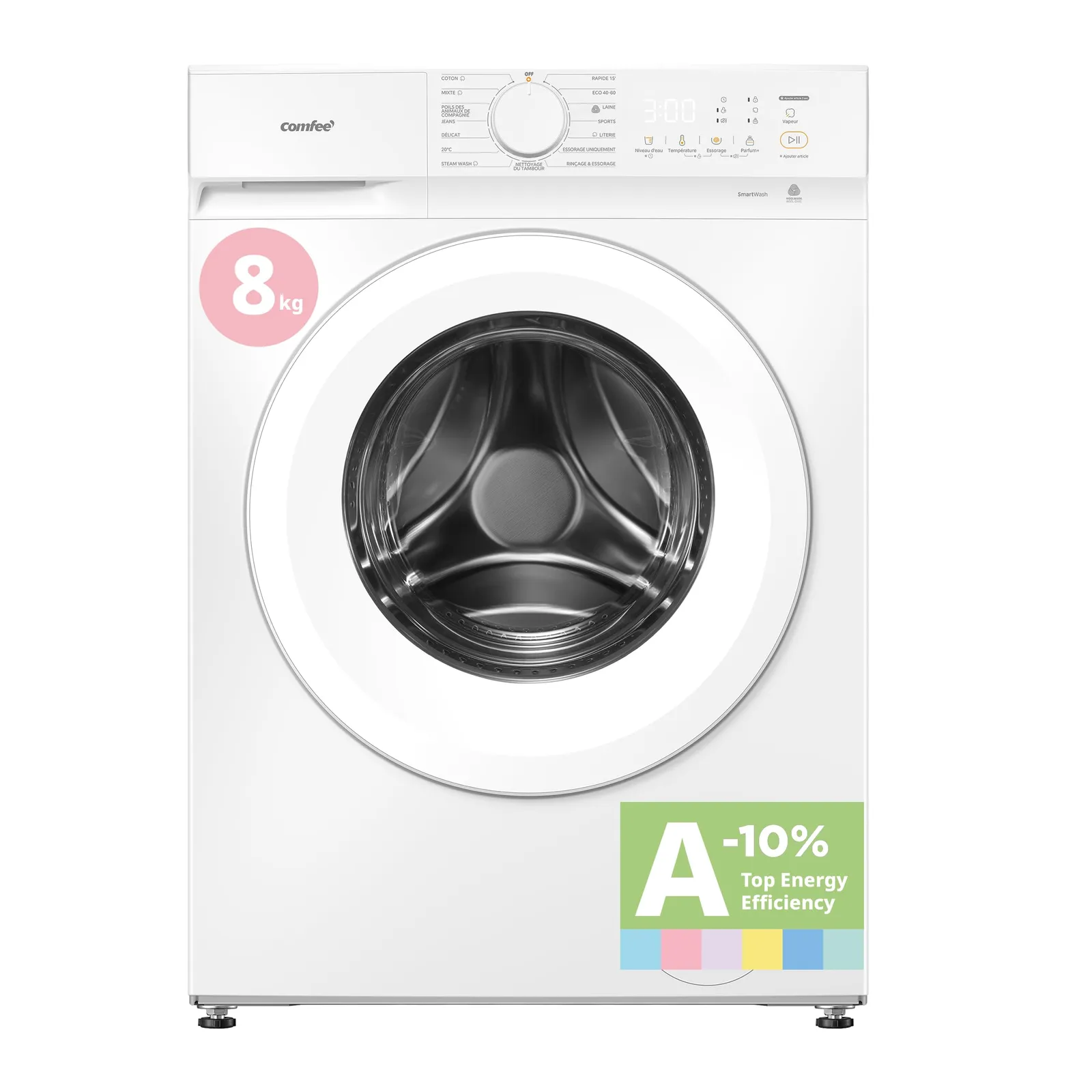 Lavadora Comfee 8kg, 15 programas, Clase A-10%, 1400 RPM, vapor, especial mascotas, bajo consumo, Blanco