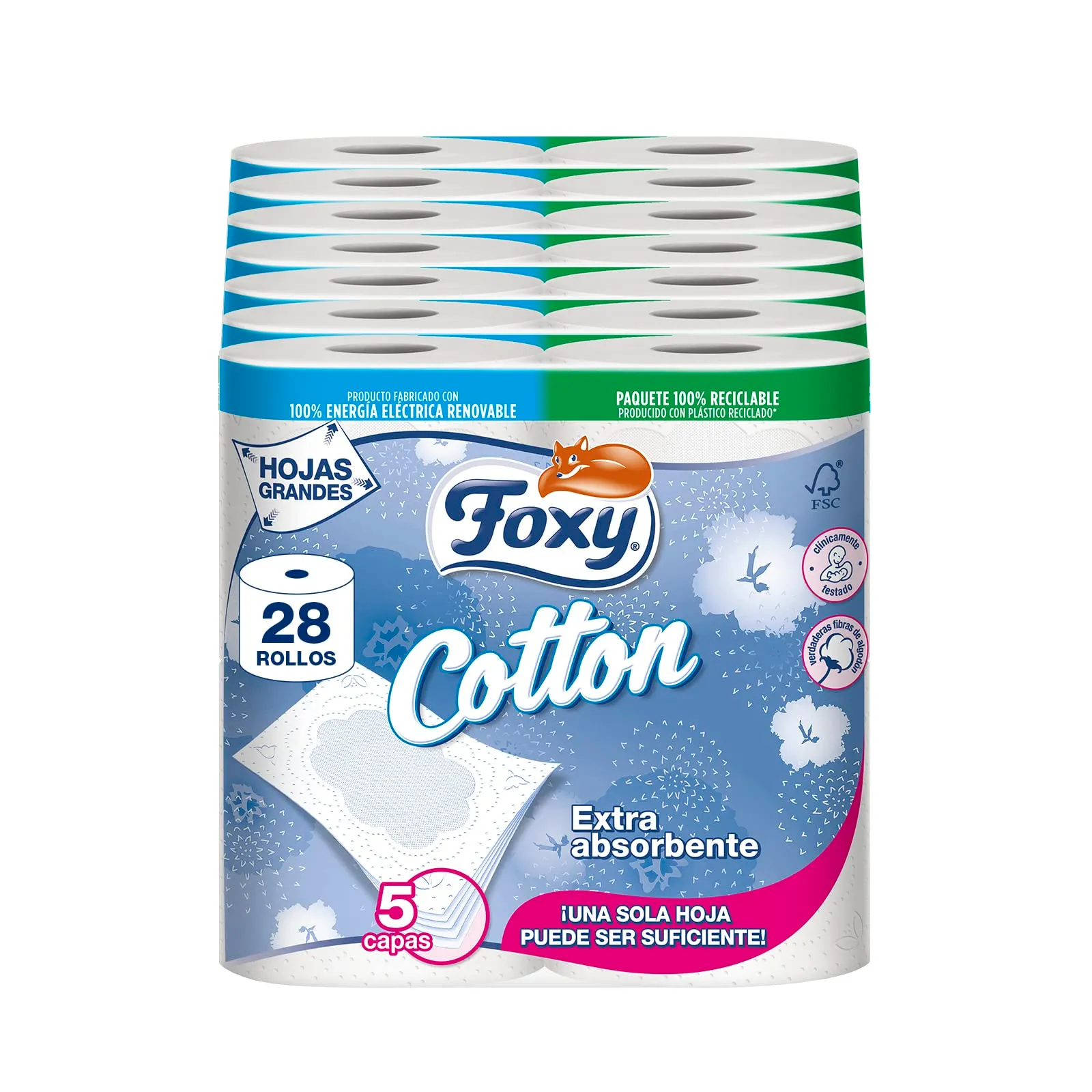 Pack 2x Papel Higiénico Foxy Cotton: 28 Rollos (56 Totales)