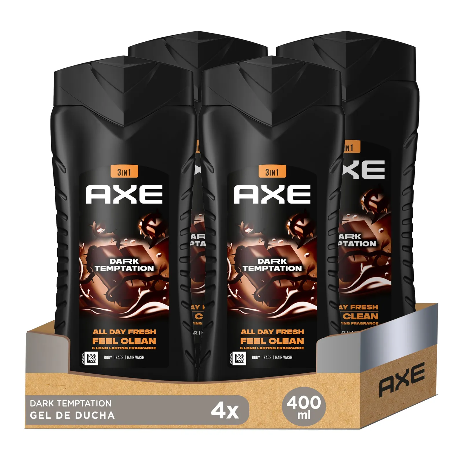 Pack 4x400ml Axe Dark Temptation Gel Ducha y Champú 3 en 1