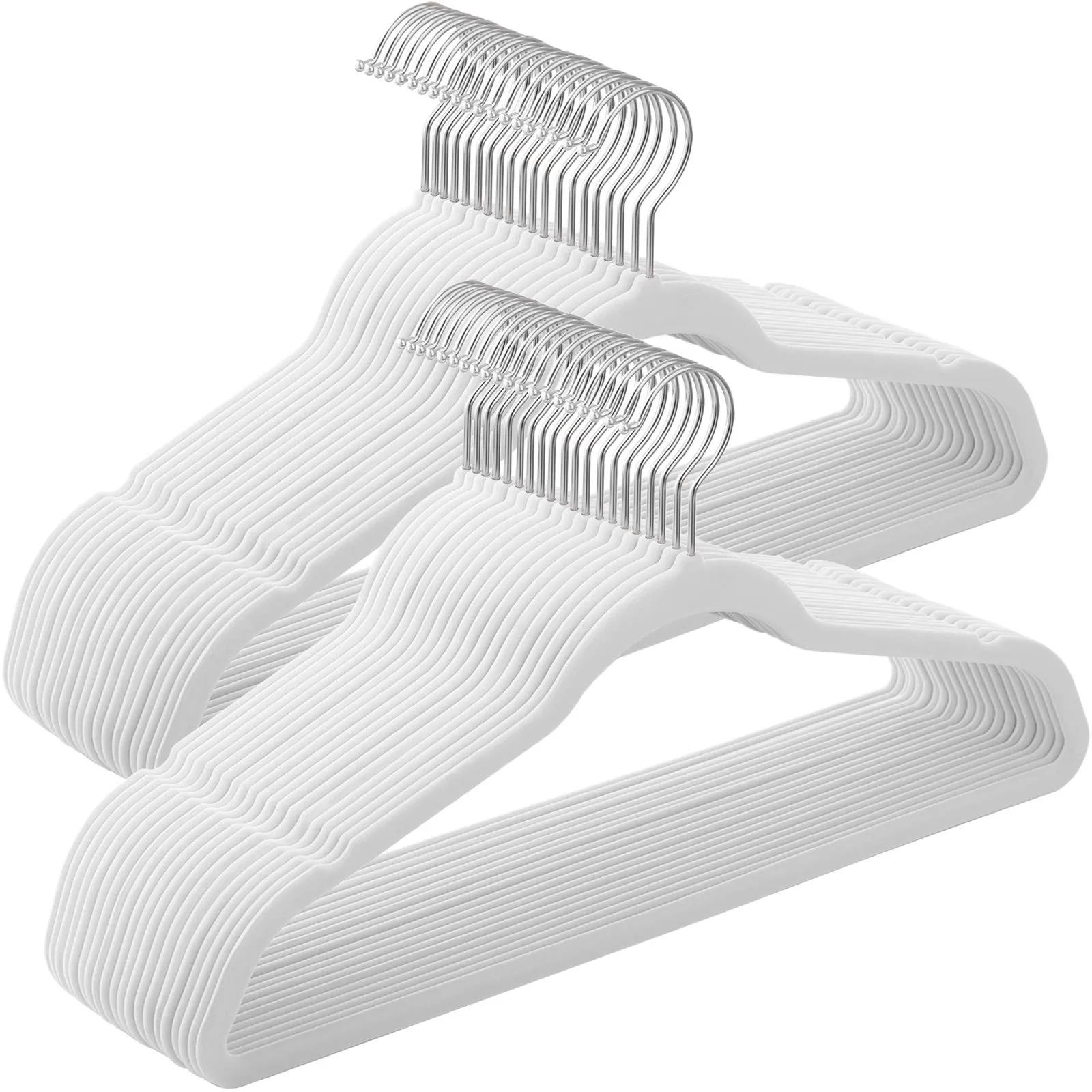 SONGMICS Perchas Terciopelo 50 uds con Barra Corbata y Gancho, Blancas/Plata, 41.5 cm