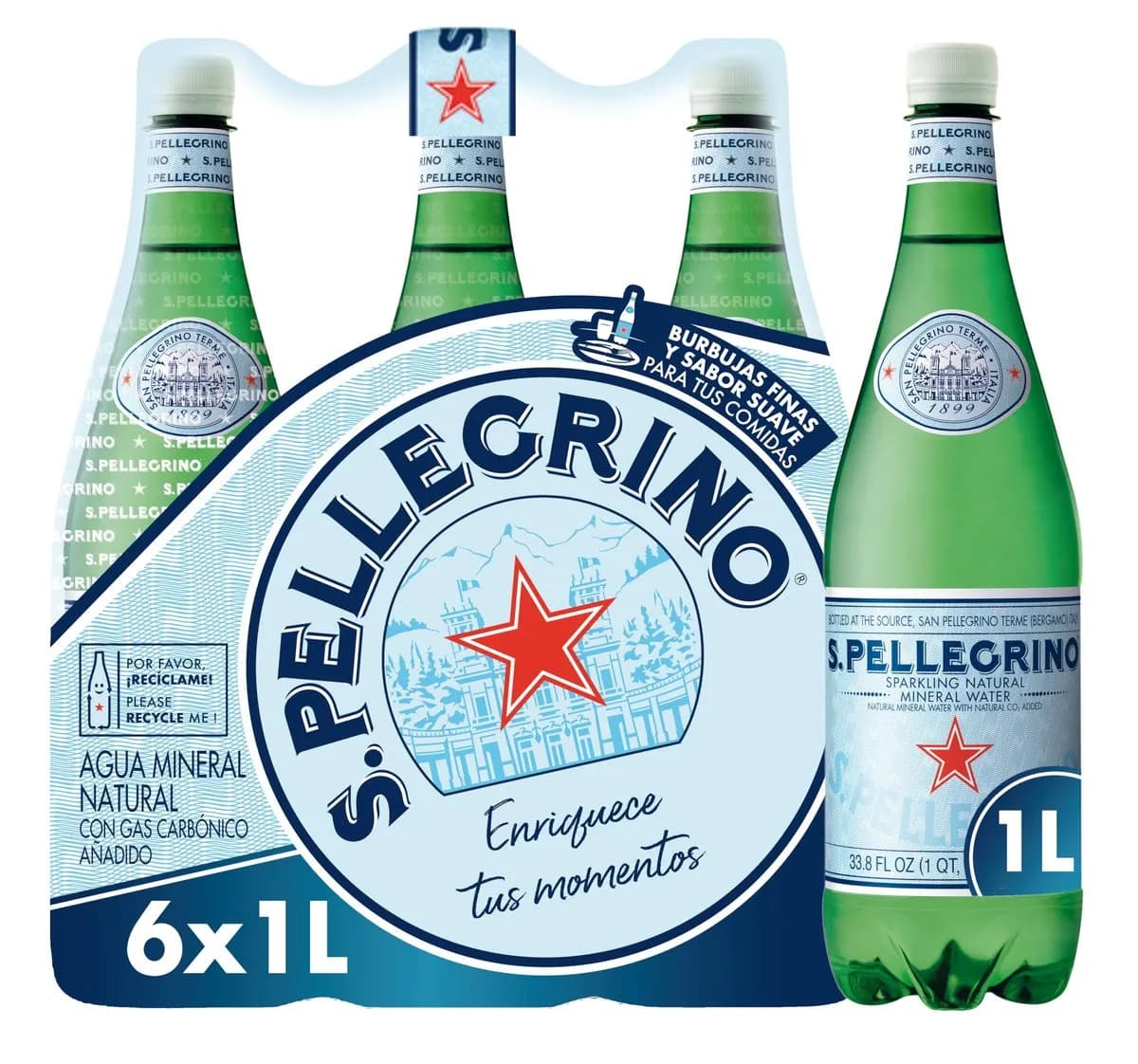 Pack 6 Botellas Agua con Gas San Pellegrino 1L