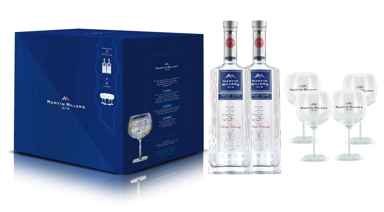 Pack Regalo Ginebra Martin Miller's: 2 Botellas 70cl + 4 Copas
