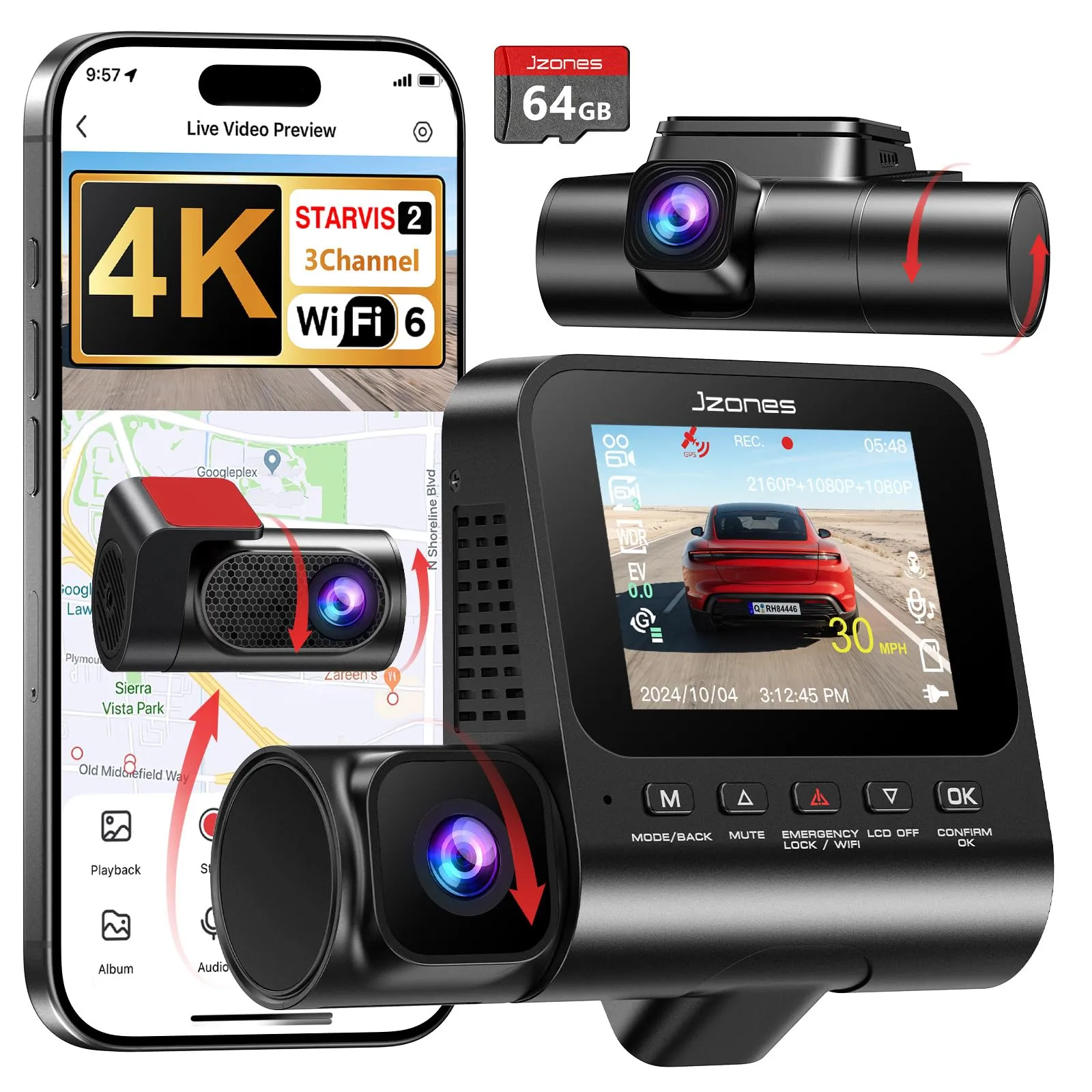 Dashcam Jzones 3 Canales 4K con GPS y WiFi 6 (64GB)
